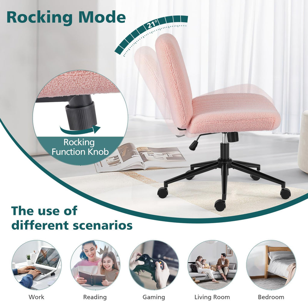 Criss Cross Chair with Wheels Wide Cross Legged Office Desk Vanity Chair Comfy Fabric Armless Adjustable Swivel for Home Computer Task Teddy Pink
