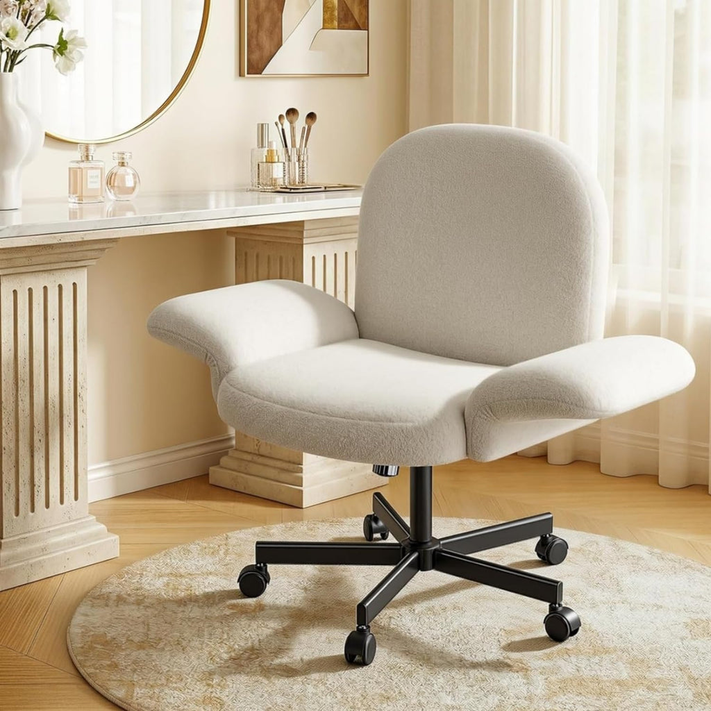 Criss Cross Office Chair with Adjustable Armrests & Wheels, Vanity Chair with Wide Cushion, Reclining Back, Soft Chenille Fabric, Desk Chair for Home Office, Makeup Room, Bedroom, Beige