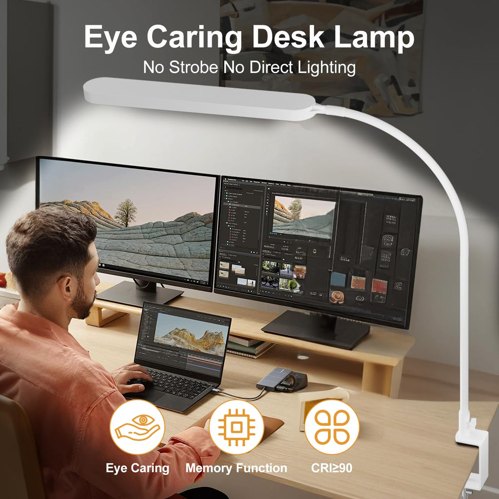 Led Desk Lamp - 33.5" Desk Light - Flexible Gooseneck - 5 Color Modes X 11 Brightness Levels - 1300LM - Timmer & Memory Function - 12W Clip on Light - White