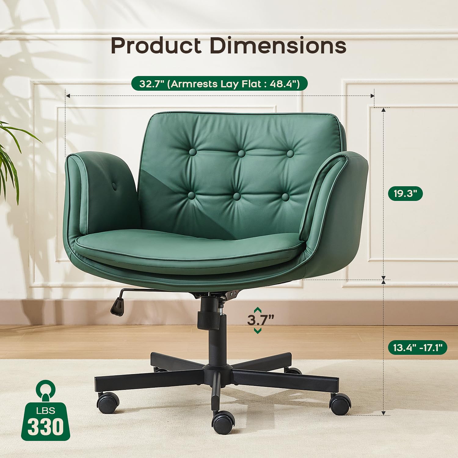 Criss Cross Office Chair, PU Leather Vanity Chair with 5-Level Adjustable Armrests & Swivel, Ergonomic Criss Cross Chair for Home Office Bedroom Makeup（Green）