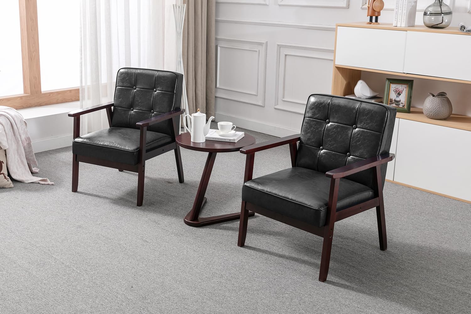 Mid Century Modern Accent Chair, Retro Wood and Leather Armchairs Side Chair, Lounge Reading Comfy Arm Chair for Living Room, Bedroom, Office (Black)