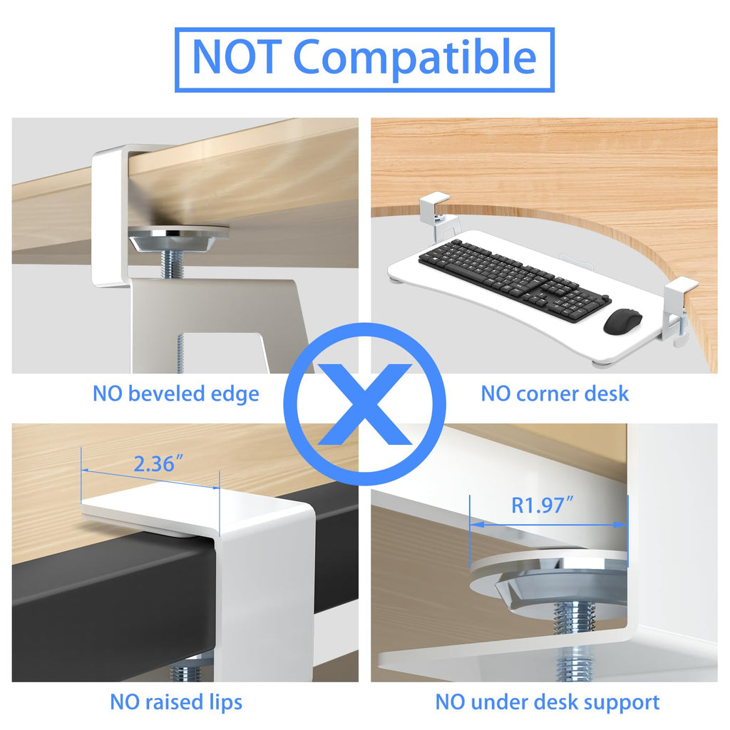 Keyboard Tray Under Desk Pull Out with C Clamp Mount, Computer Keyboard & Mouse Tray, 25.6 (30 Including Clamps) x 11.8 inch Slide-Out Platform Computer Drawer for Typing, White,
