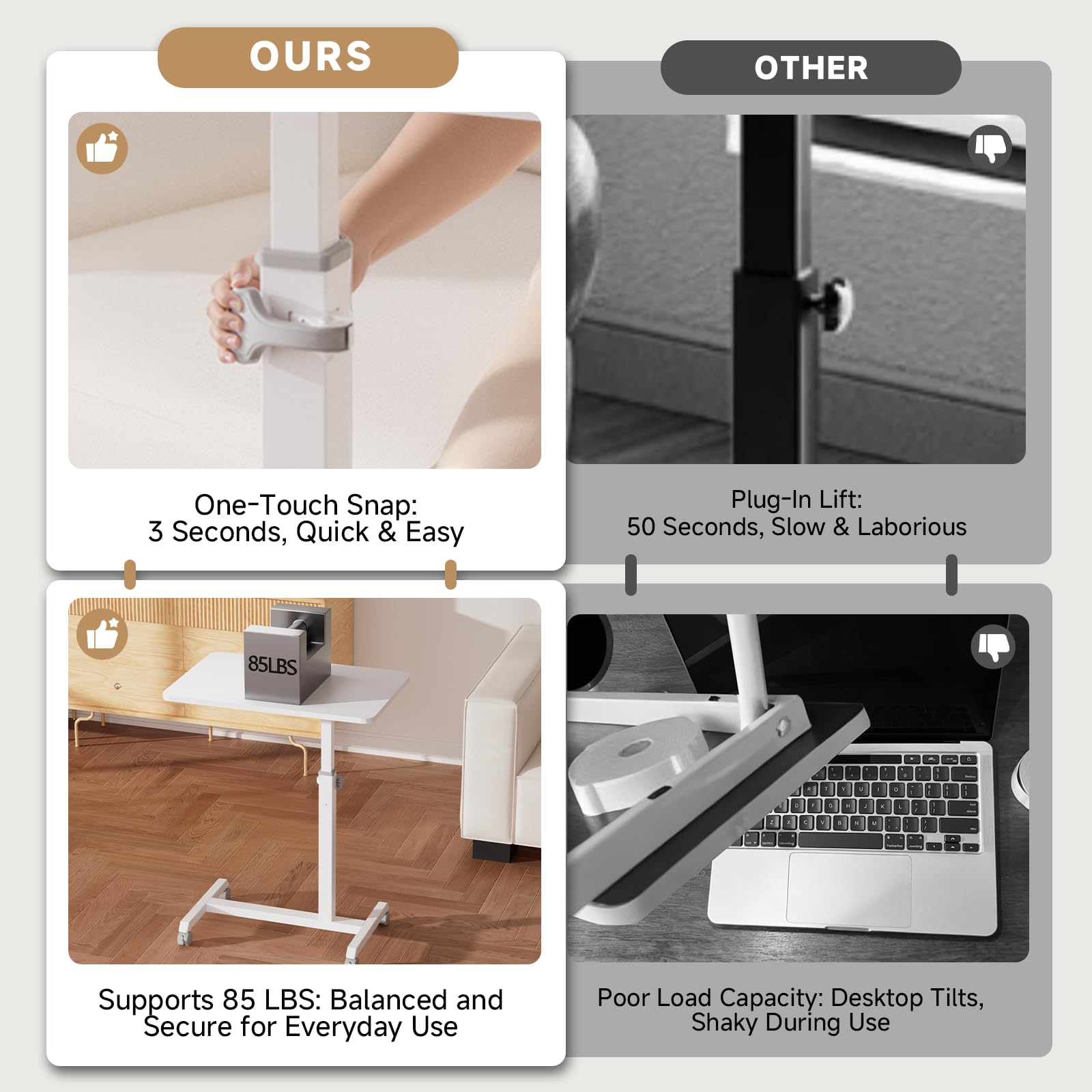 Small Standing Desk, 24 Inches Foldable Mobile Rolling Laptop PC Table with Lockable Casters, Adjustable Height Overbed Bedside Table Computer Workstation for Home Office, White-Foldable