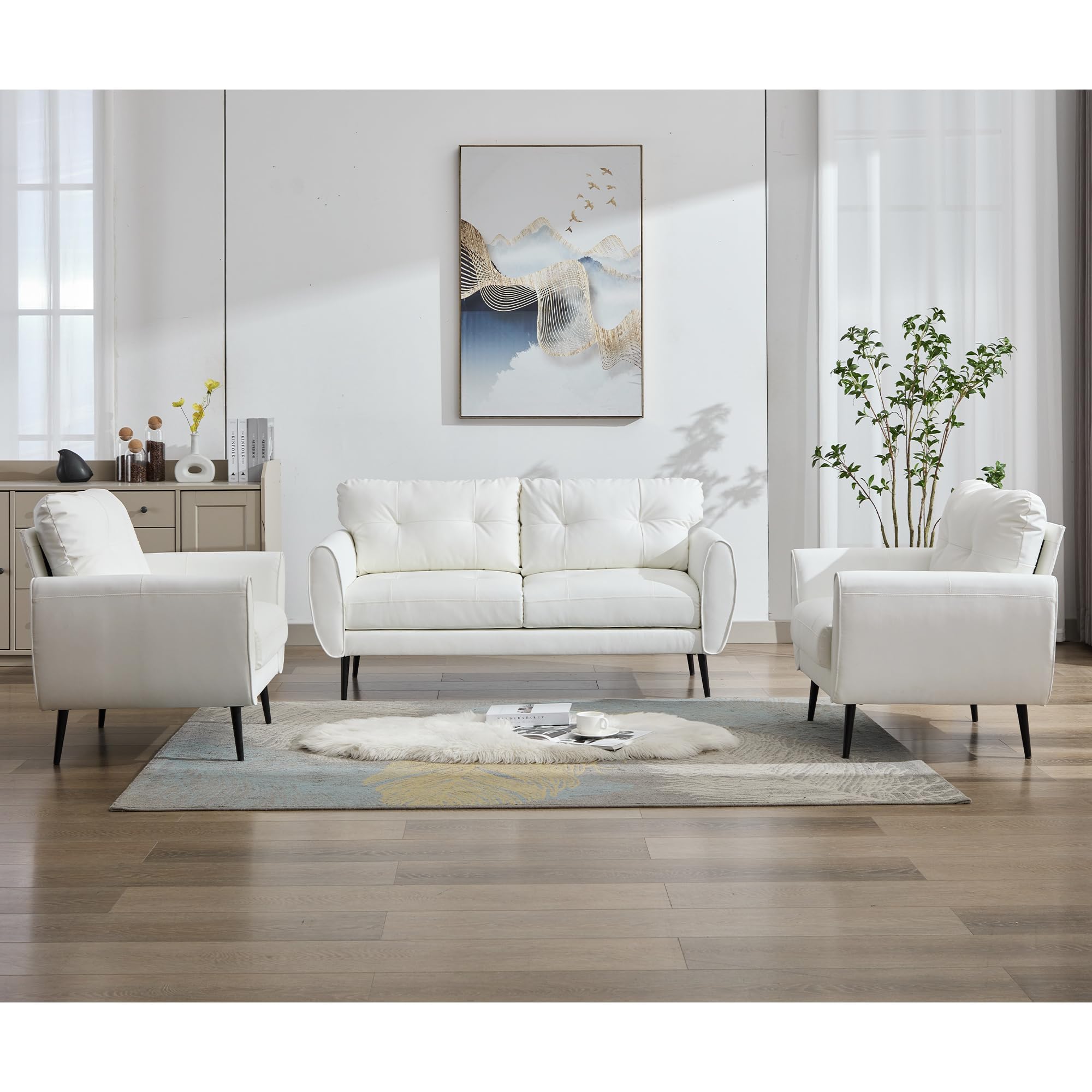 Sofa Couch 61" Small Loveseat Couches for Living Room Leather Couch Mid Century Modern Tufted Mini Sofa Comfy Office 2 Seat Settee Love Seat for Small Spaces Bedroom (3, White)