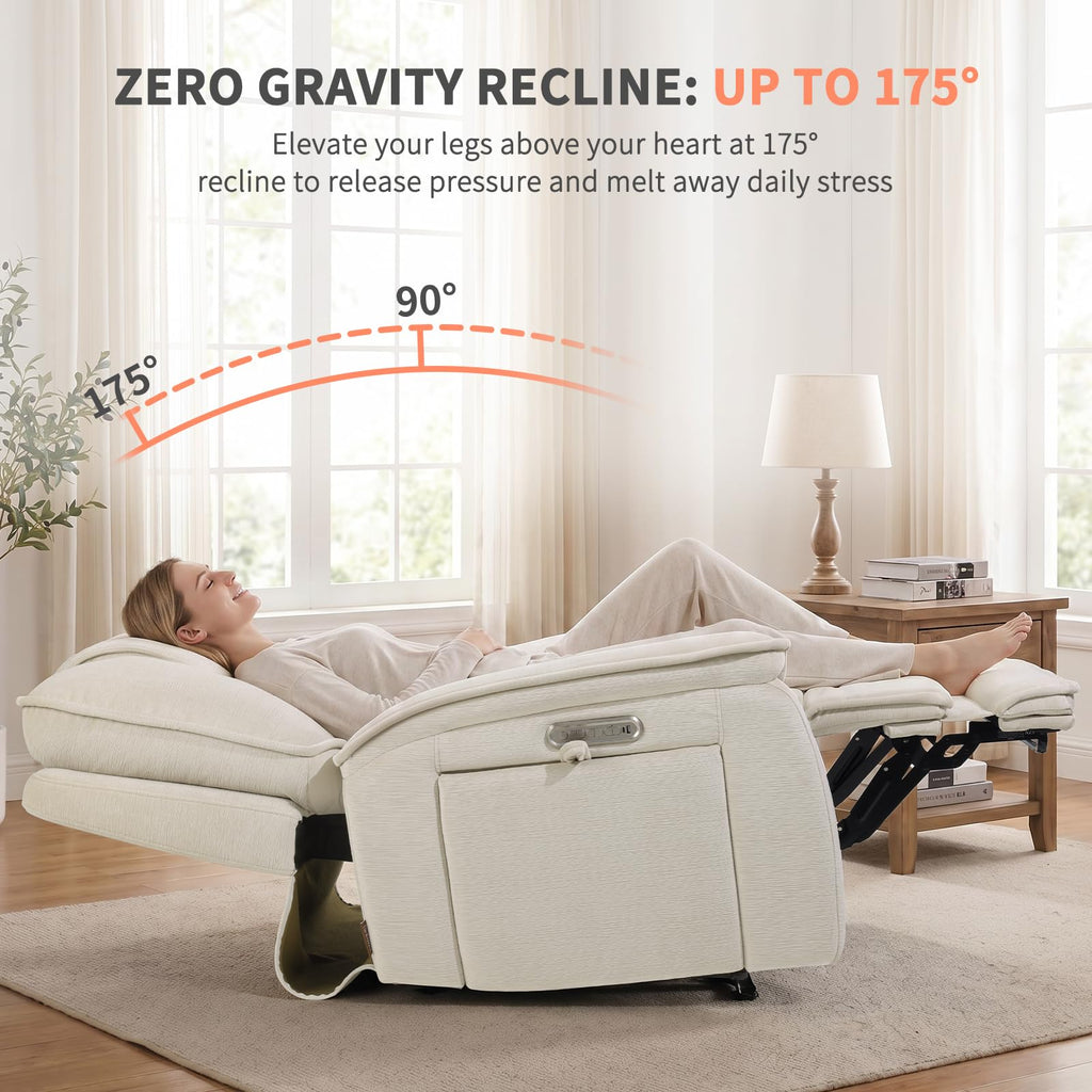 Triple Motor Lay Flat Zero Gravity Power Recliner Chair with Heat and Massage, Independent Adjustable Backrest Footrest Headrest, 400lbs Heavy Duty Medium Size, Stylish Chenille, Cream White