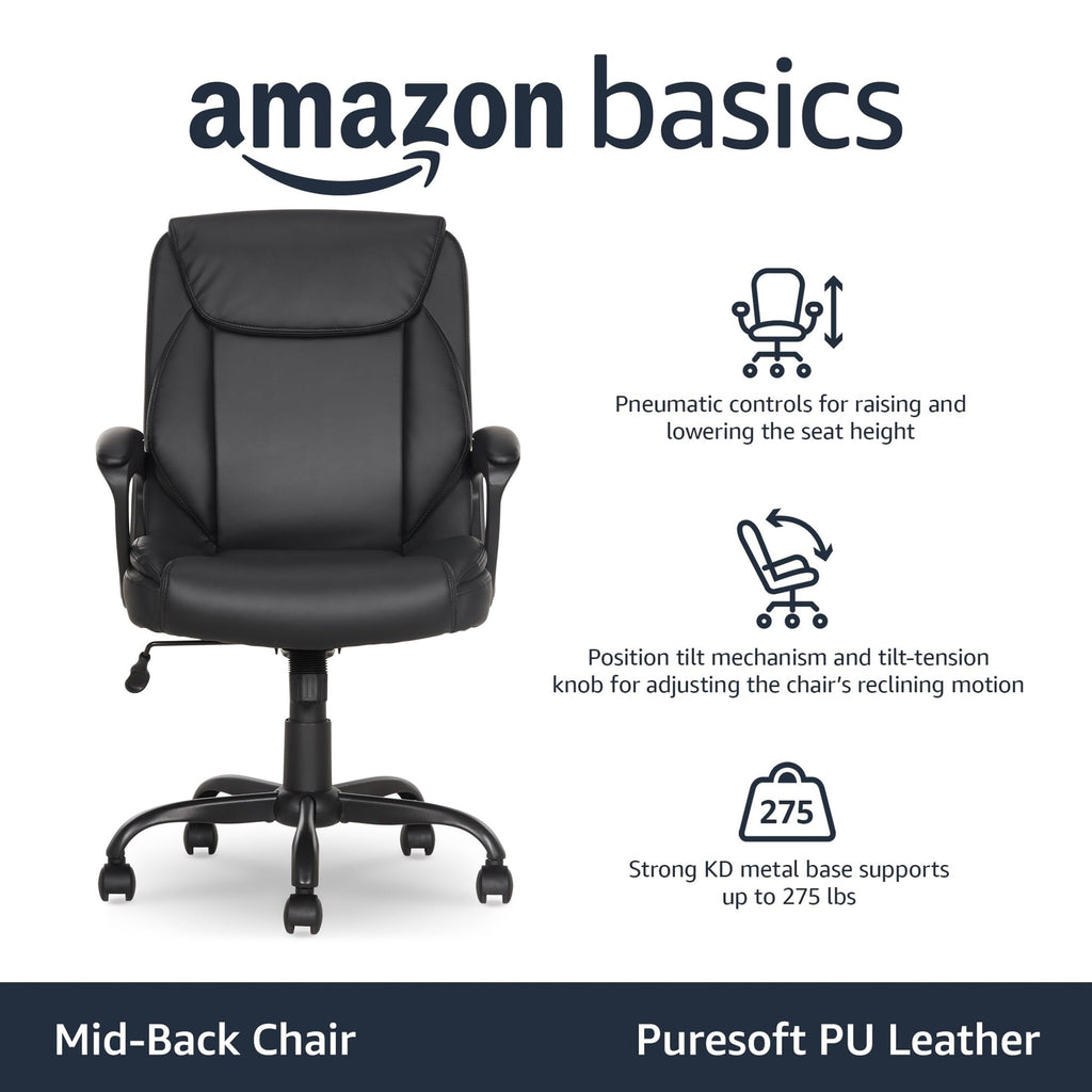 Classic Puresoft PU Padded Mid-Back Office Desk Chair with Armrest, Easy Assembly, Sturdy Metal Base, Wheels, 275lb Support, 26"D x 23.75"W x 42"H, Black