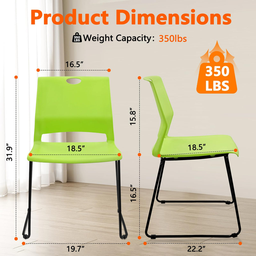 Set of 12, Stackable Guest Reception Chairs, Stacking Office Chair with Ergonomic Lumbar Support & Metal Legs, Plastic Desk Chairs for Conference School Church Waiting Meeting Break Room Set of 12, Green