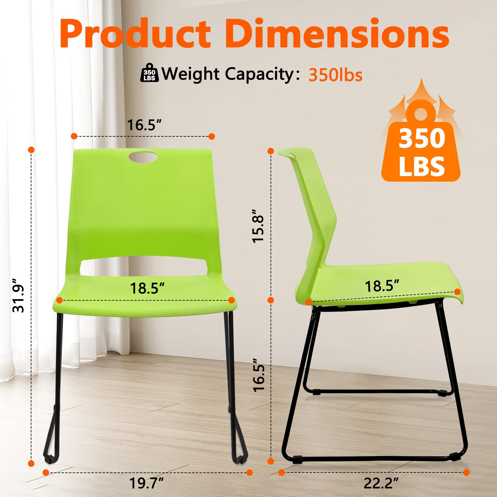 Set of 8, Stackable Guest Reception Chairs, Stacking Office Chair with Ergonomic Lumbar Support & Metal Legs, Plastic Desk Chairs for Conference School Church Waiting Meeting Break Room , Green