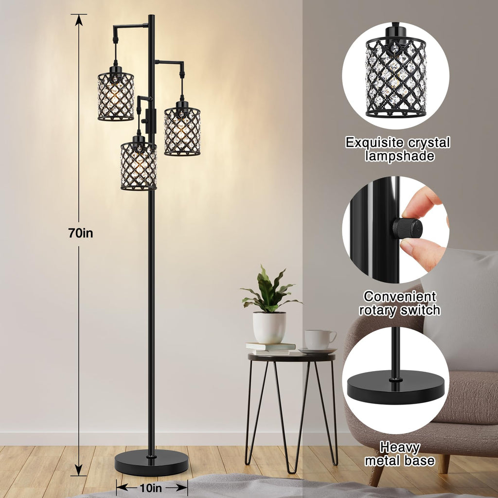 Crystal Floor Lamps for Living Room, 3-Light Black Floor Lamp, Standing Tall Lamp with Elegant K9 Crystal Shade & Rotary Switch, Modern Corner Floor Lamp for Bedroom, Home Office, Reading
