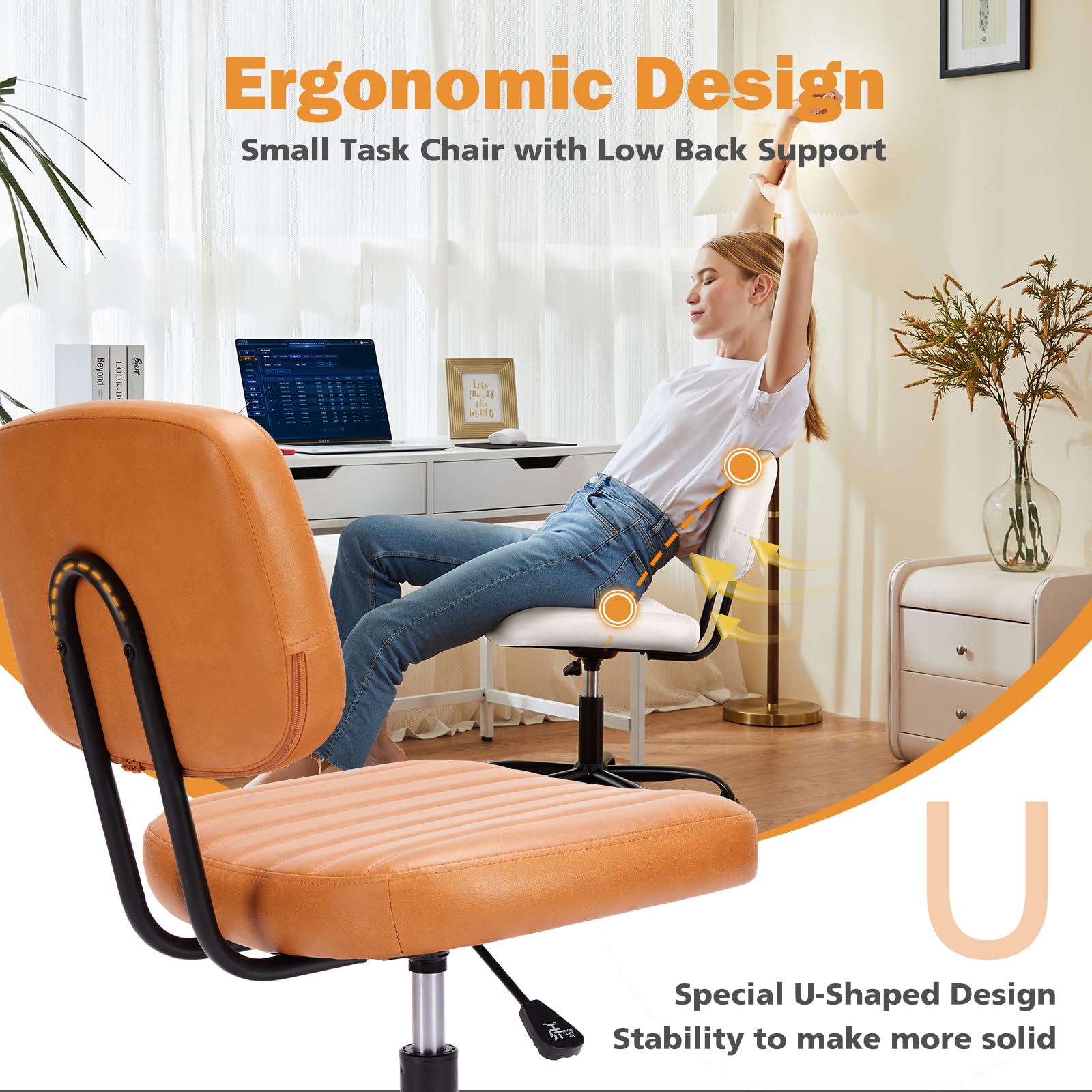 Small Office Desk Chair - Armless PU Leather with Comfy Lumbar Support, Height Adjustable Rolling Swivel Task for No Arms, for Adult, Student, Bedroom, Home, Vanity, Brown