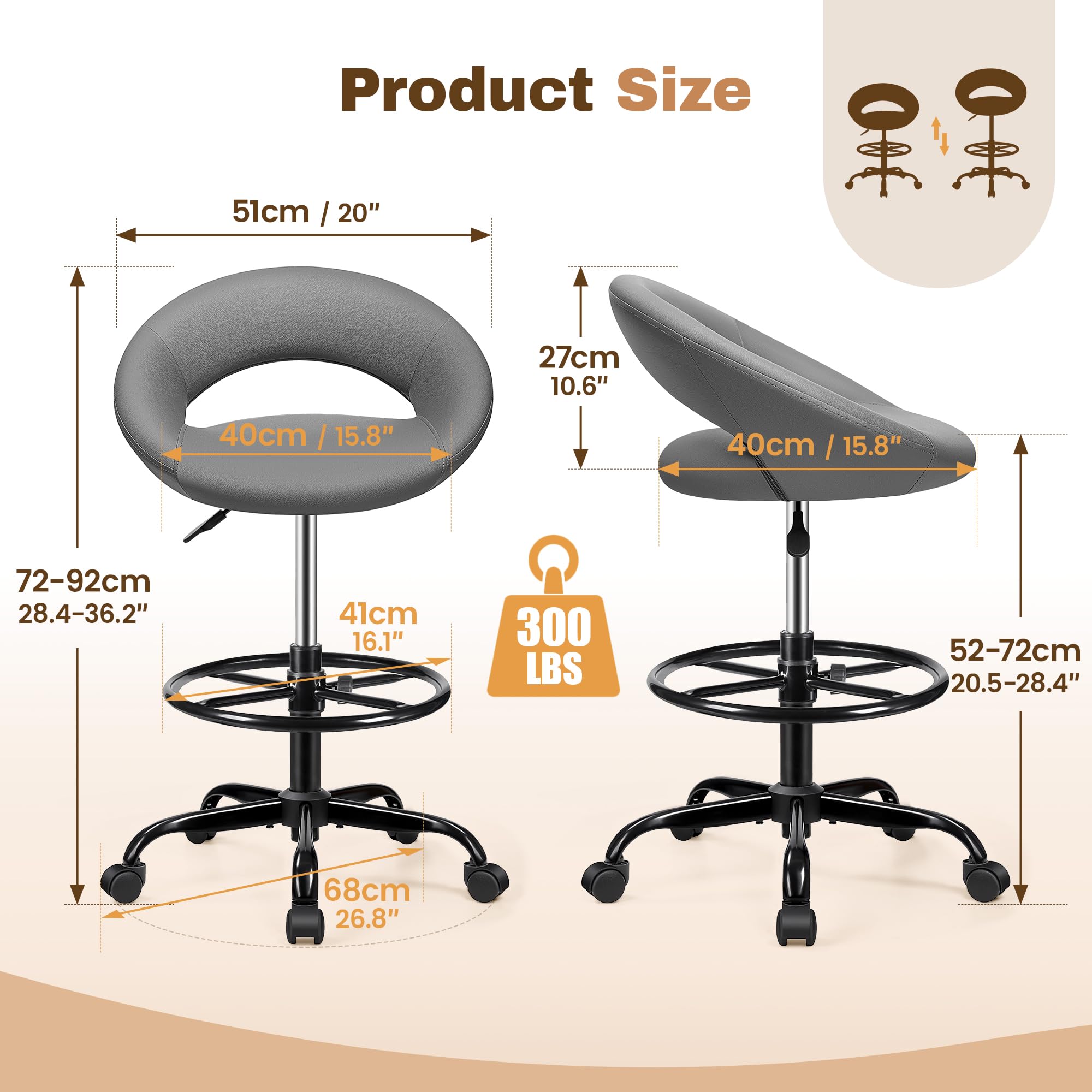 Gray 2 Pack, Drafting Chair with Back, Height Adjustable Rolling Stool with Foot Rest, Tall 360° Swivel Stool PU Leather Chair with Wheels for Home Office, Standing Desk