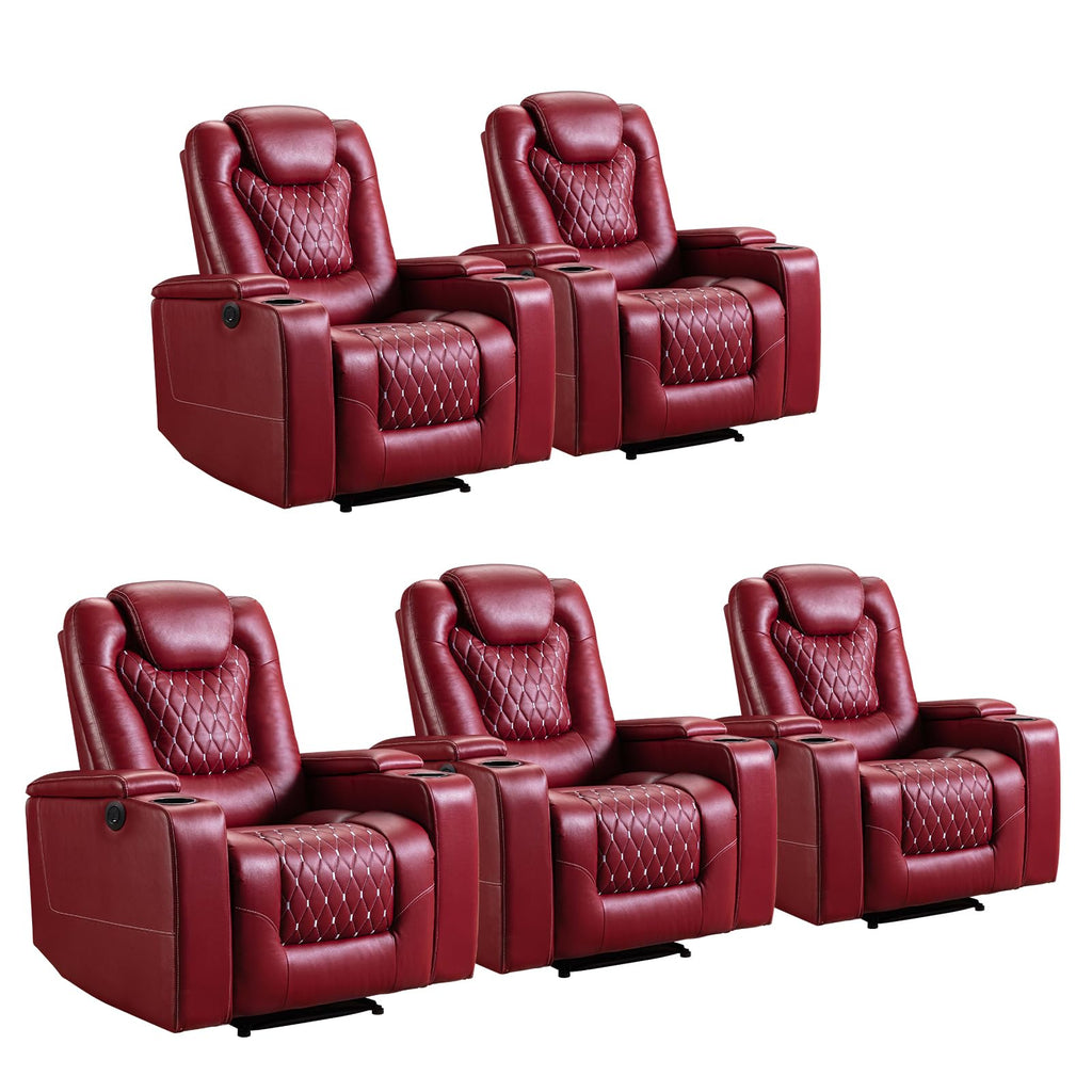 Power Recliner Chair Set of 5, Electric Soft Faux Leather Reclining Home Theater Seating - USB Ports, Cup Holders, Hidden Arm Storage Movie & Media Room Chairs (Red)