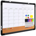 Monthly Calendar Whiteboard for Wall, 24x18 Inches Dry Erase Board with Cork Board Combo, Magnetic White Board, Double-Sided Hanging Portable Board for Office School Home Kitchen Planner, Black