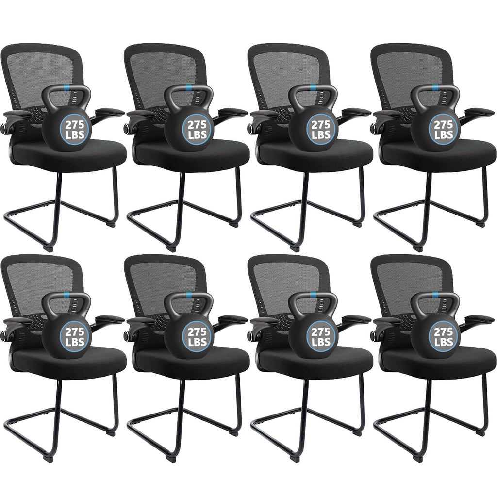 Black (8PK) Office Guest Chair no Wheels, Ergonomic Mesh Desk Chair Adjustable Lumbar Support and Flip Up Arms, Sled Base for Office Guest & Reception Chairs for Conference Room,
