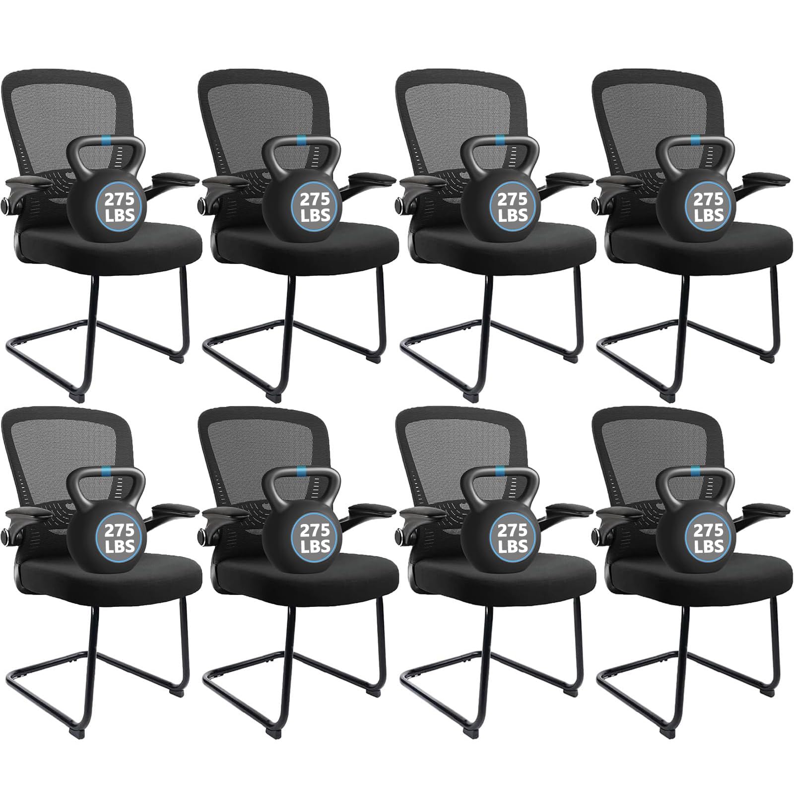 Black (8PK) Office Guest Chair no Wheels, Ergonomic Mesh Desk Chair Adjustable Lumbar Support and Flip Up Arms, Sled Base for Office Guest & Reception Chairs for Conference Room,