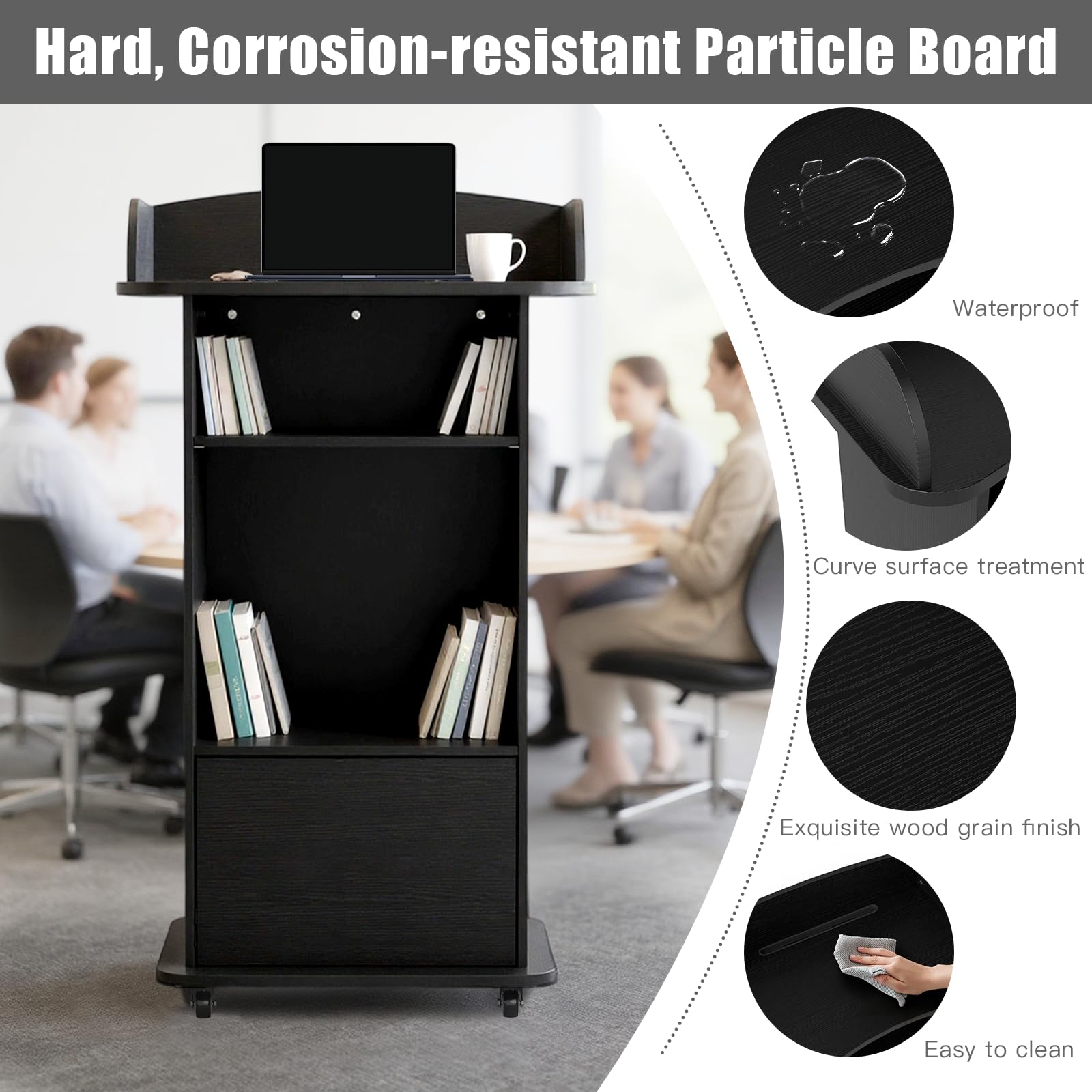 Podium Stand Portable with Wheels, Classroom Lectern for Teacher with Adjustable Storage Shelf, Mobile Rolling Church Pulpits, Office Wooden Reception Desk, Host Stand for School Conference（Black）
