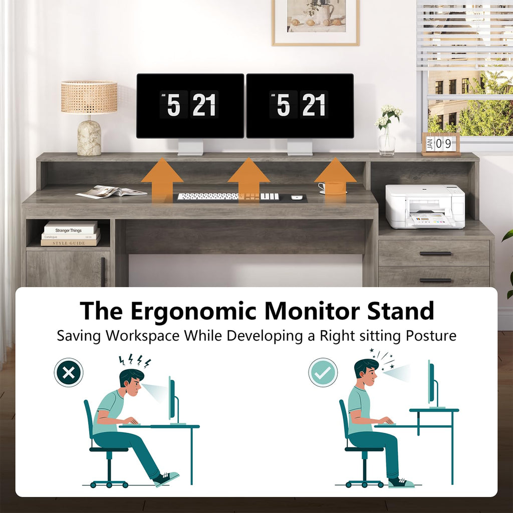 Computer Desk with 3 Drawers & Storage Shelves, 65 Inch Home Office Desk with File Drawer & Cabinet, Writing Study Desks with Monitor Stand & Printer Shelf, Executive Desk, Grey