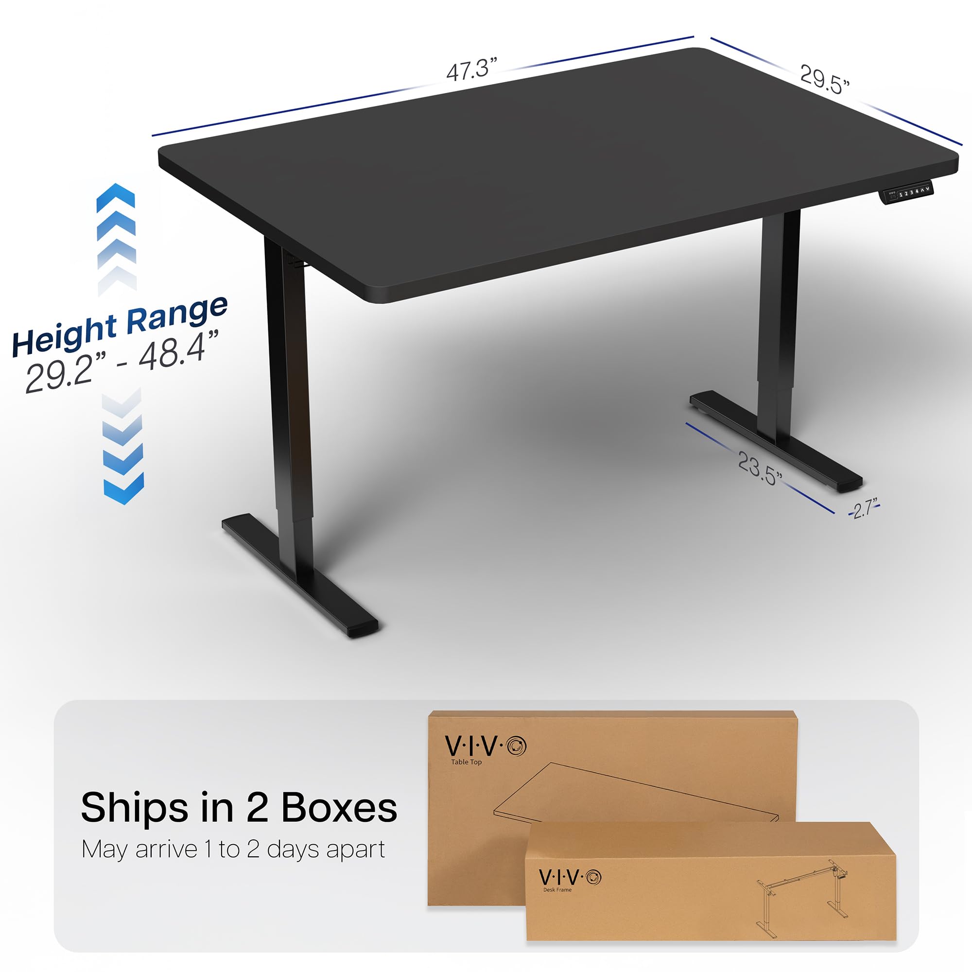 Electric 48 x 30 in Standing Desk, Memory Height Adjustment, 1B Series, Holds 220 lbs, One-Piece Black Top, Black Frame