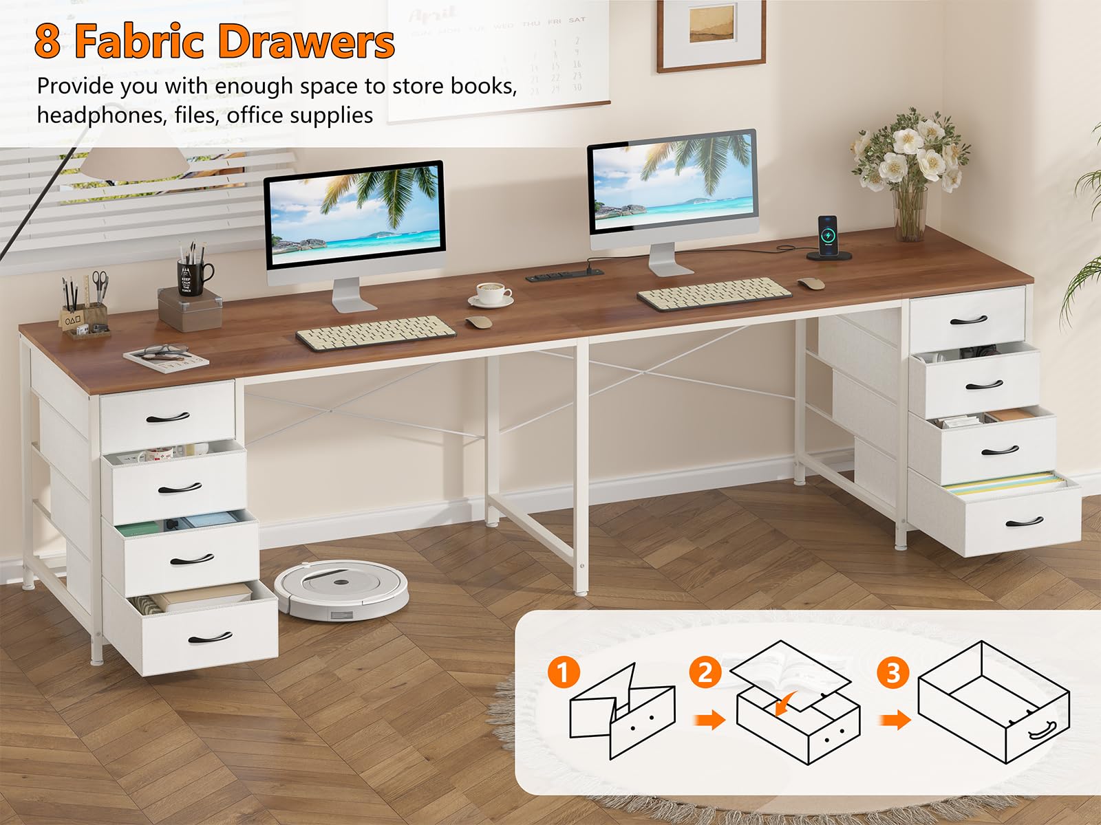 95'' Two Person Desk with 8 Drawers, Long Office Desk with Charging Station, 2 Person Desks Double Desk Writing Study Table for Home Office, Brown and White