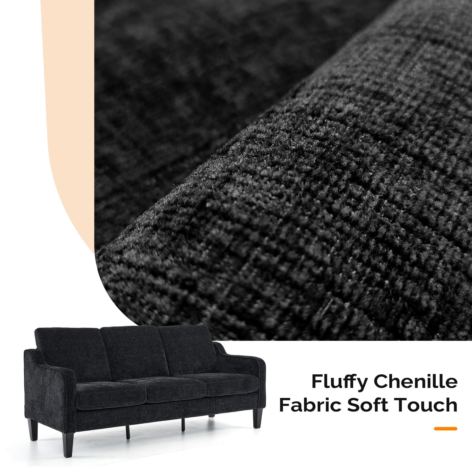 71" Small Couch Comfy 3 Seater Upholstered Chenille Sofa Mid-Century Modern Floor Sofas for Small Spaces, Bedroom, Apartment, Lounge, Office