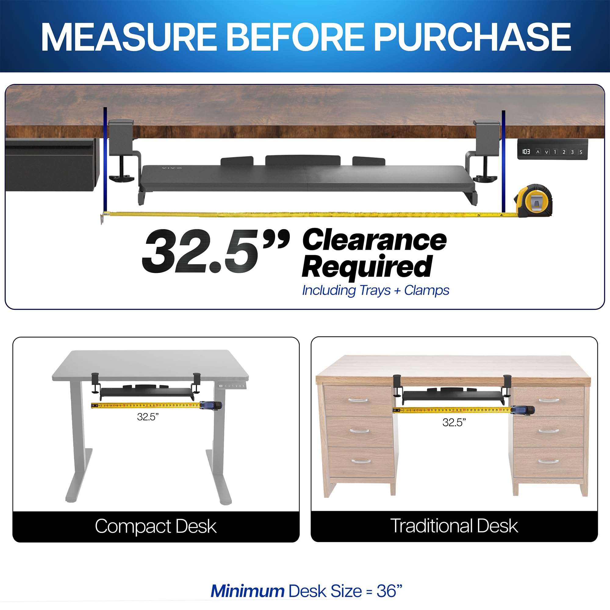 Large Clamp-on Computer Keyboard and Mouse Under Desk Slider Tray, 27 x 11 inch Pull Out Platform Drawer, Bamboo