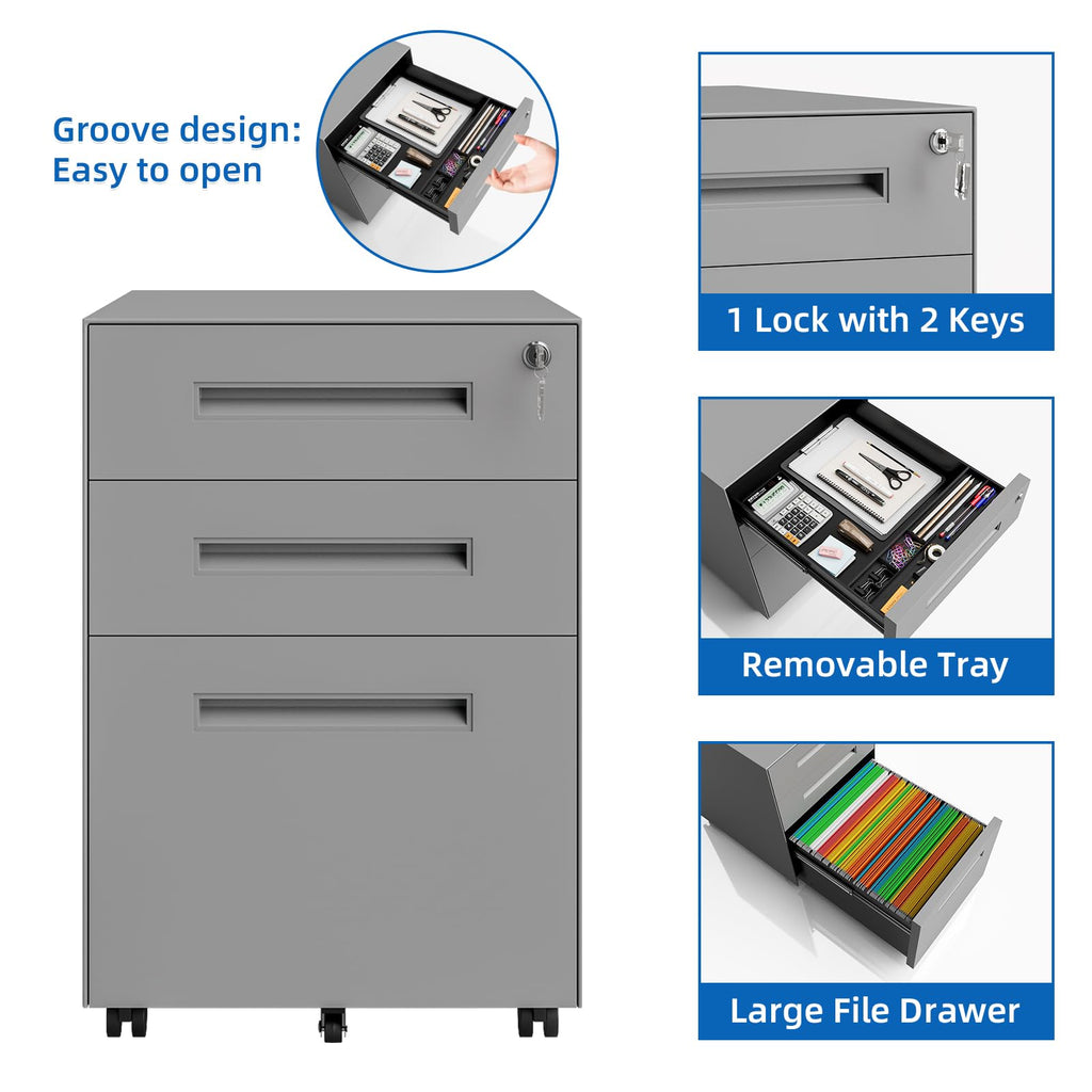 3 Drawer Metal Rolling File Cabinet Under Desk Filing Cabinet Grey