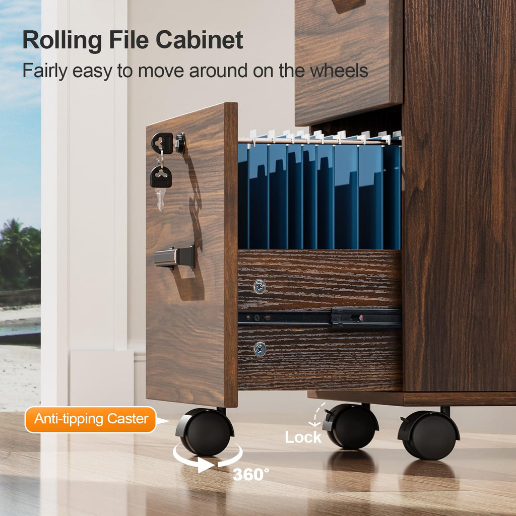 2 Drawer File Cabinet with Lock, Wood Dark Brown File Cabinets for Letter Size File Folders with Tabs, Under Desk Rolling Filing Cabinet for Home Office, Mobile File Organizer Printer Stand