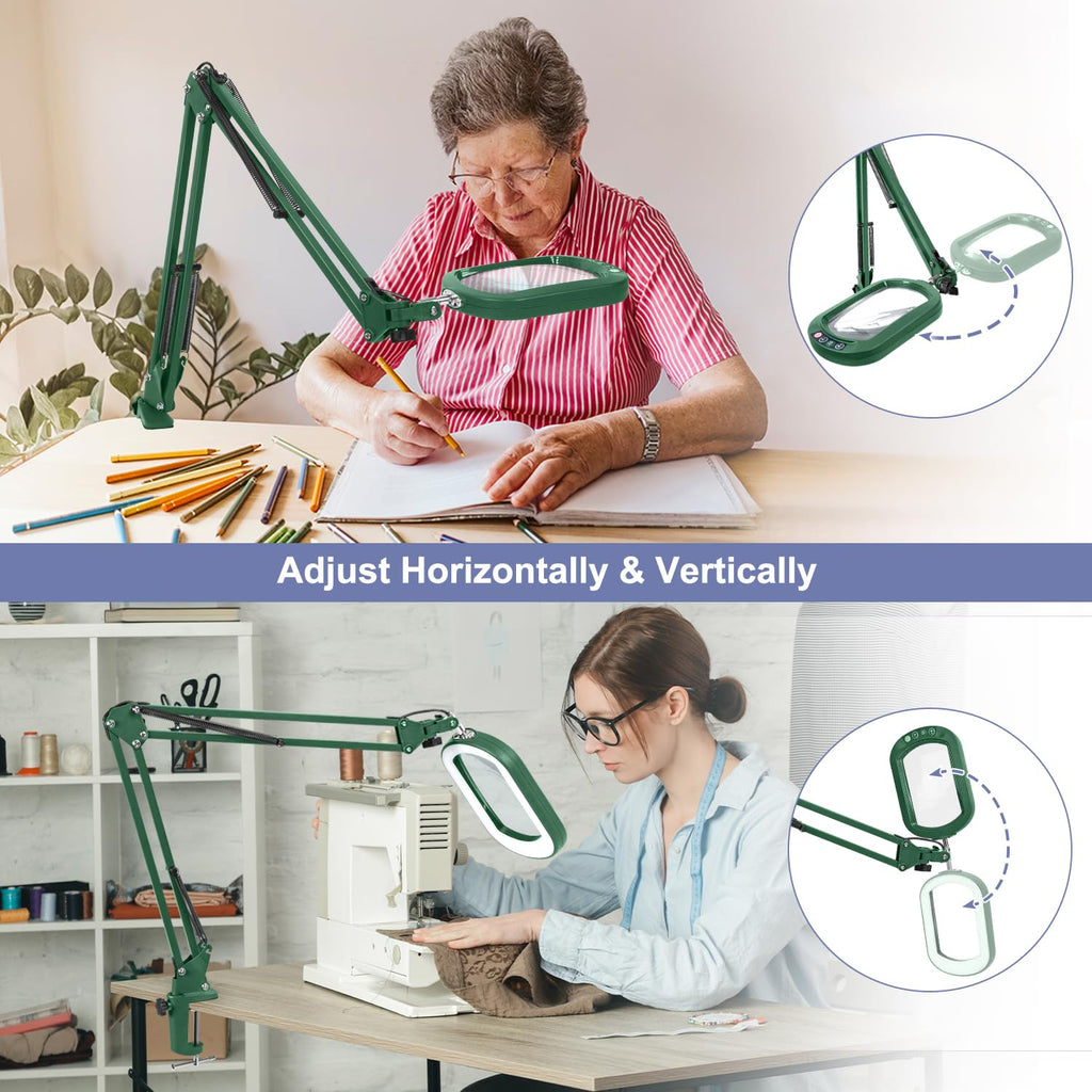 14.35" Large Magnifying Glass with Light and Clamp, Real Glass, 5 Color Modes, Stepless Dimmable, Lighted Magnifier with Stand Hands Free, LED Swing Arm Desk Lamp for Close Work, Craft, Green