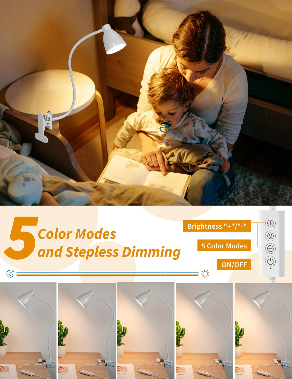 Clamp Lamp 5 Color Modes 10 Brightness Dimmer Bedside Lamp, White