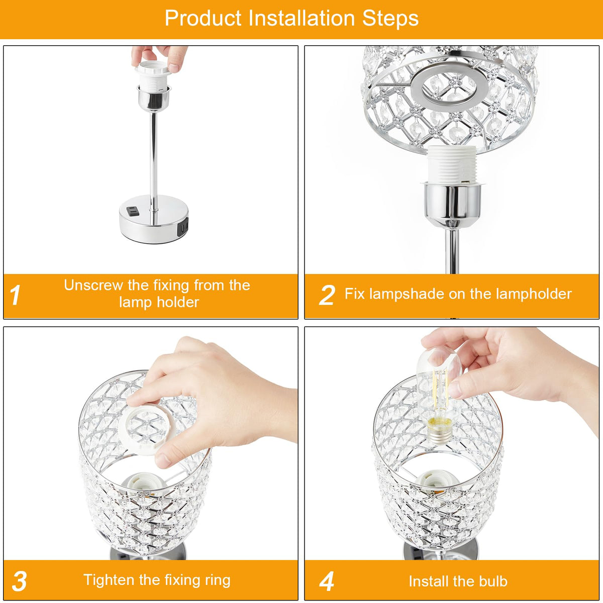 Sliver Crystal Table Lamps for Bedroom Set of 2, Nightstand Touch Lamp