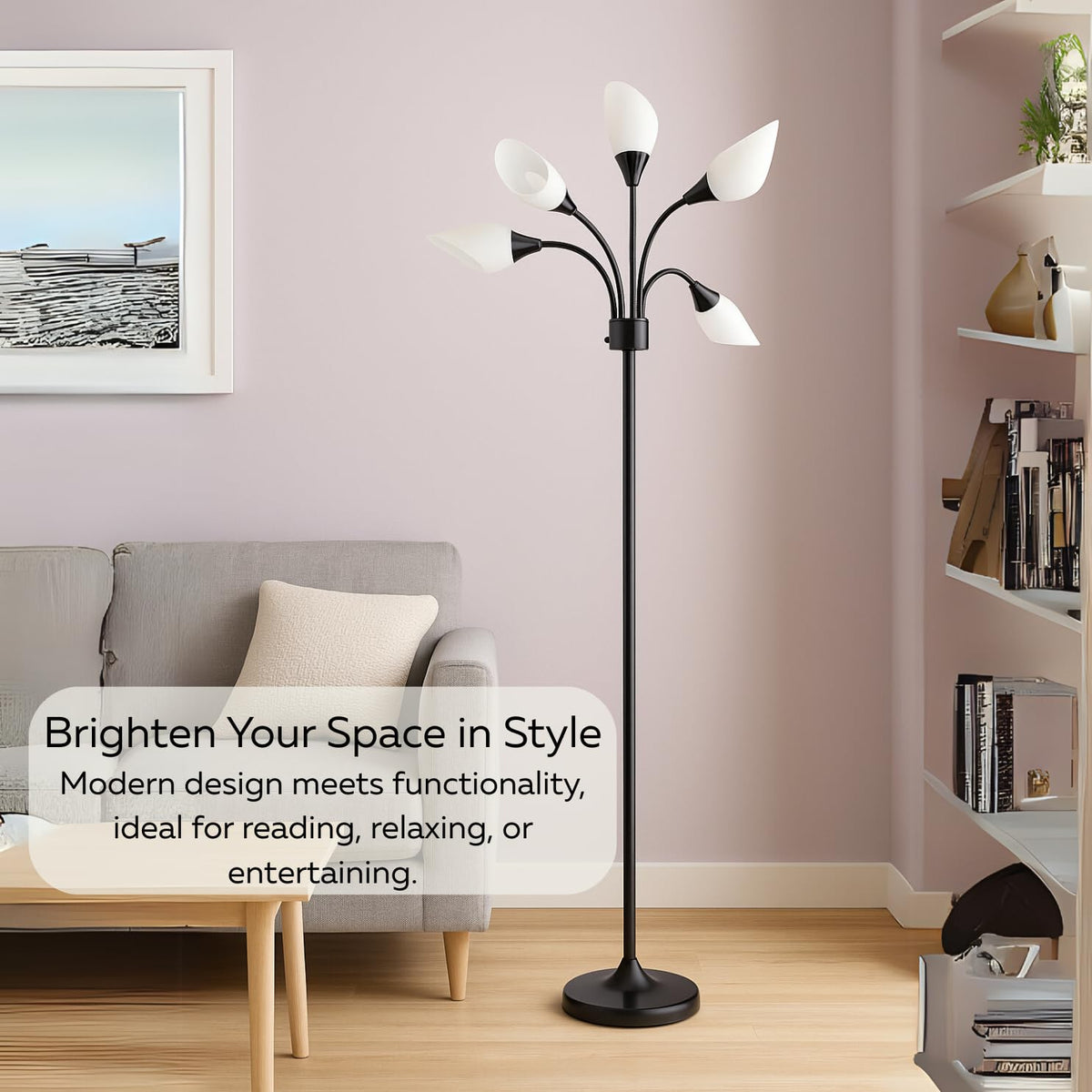 Multi-Head 5-Light Floor Lamp, Adjustable Standing Lamp with 3-Mode Switch, White Acrylic Shades, Black Finish, Perfect Floor Lamps for Living Room & Bedroom Room Lights