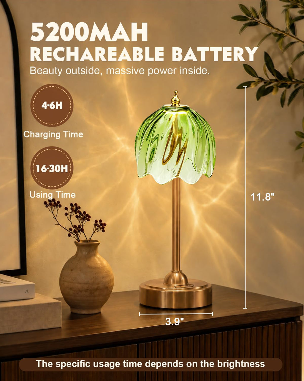 Cordless Flower Table Lamp, 5200mAh Small Rechargeable Touch Lamp