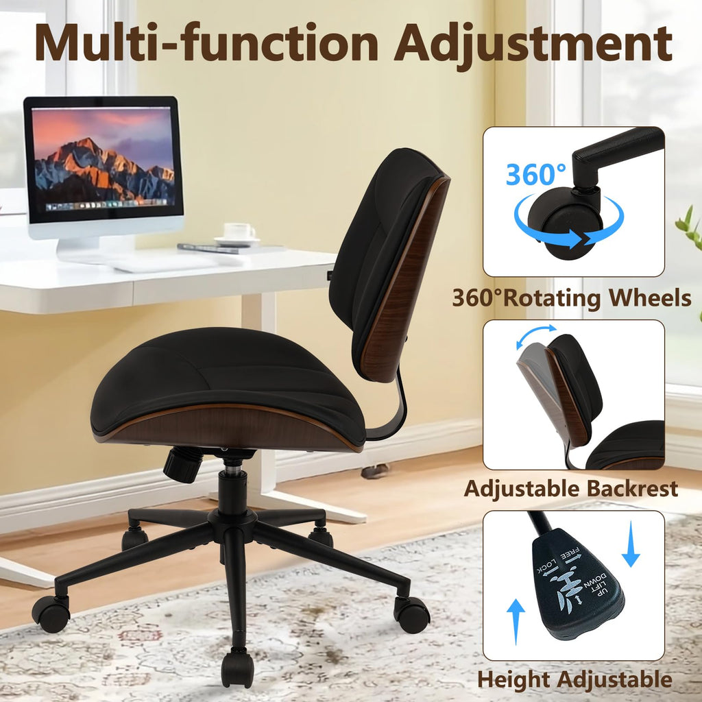 Office Chair Armless with Wheels, Mid-Century Modern Walnut Desk Chair, Adjustable Height Reading Chair, PU Leather Mid Back & Swivel Computer Chairs for Home Meeting Room Bedroom, Black(2 PK)