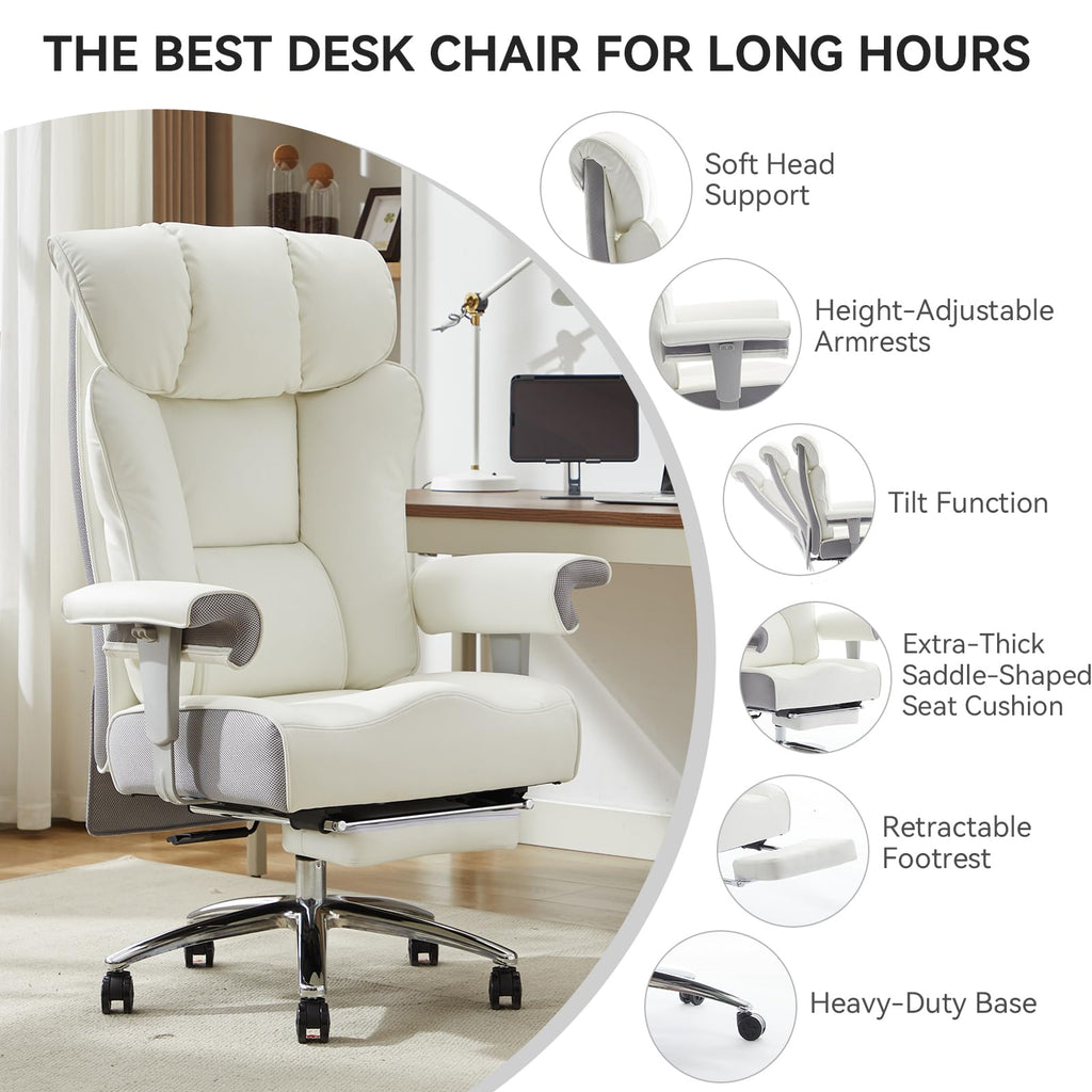 Big and Tall Executive Office Chair 400lbs - White Desk Chair for Women with Footrest, 24" Wide Ergonomic Pocket Spring Cushion Seat, Heavy Duty Computer Chair for Home Office, Gaming