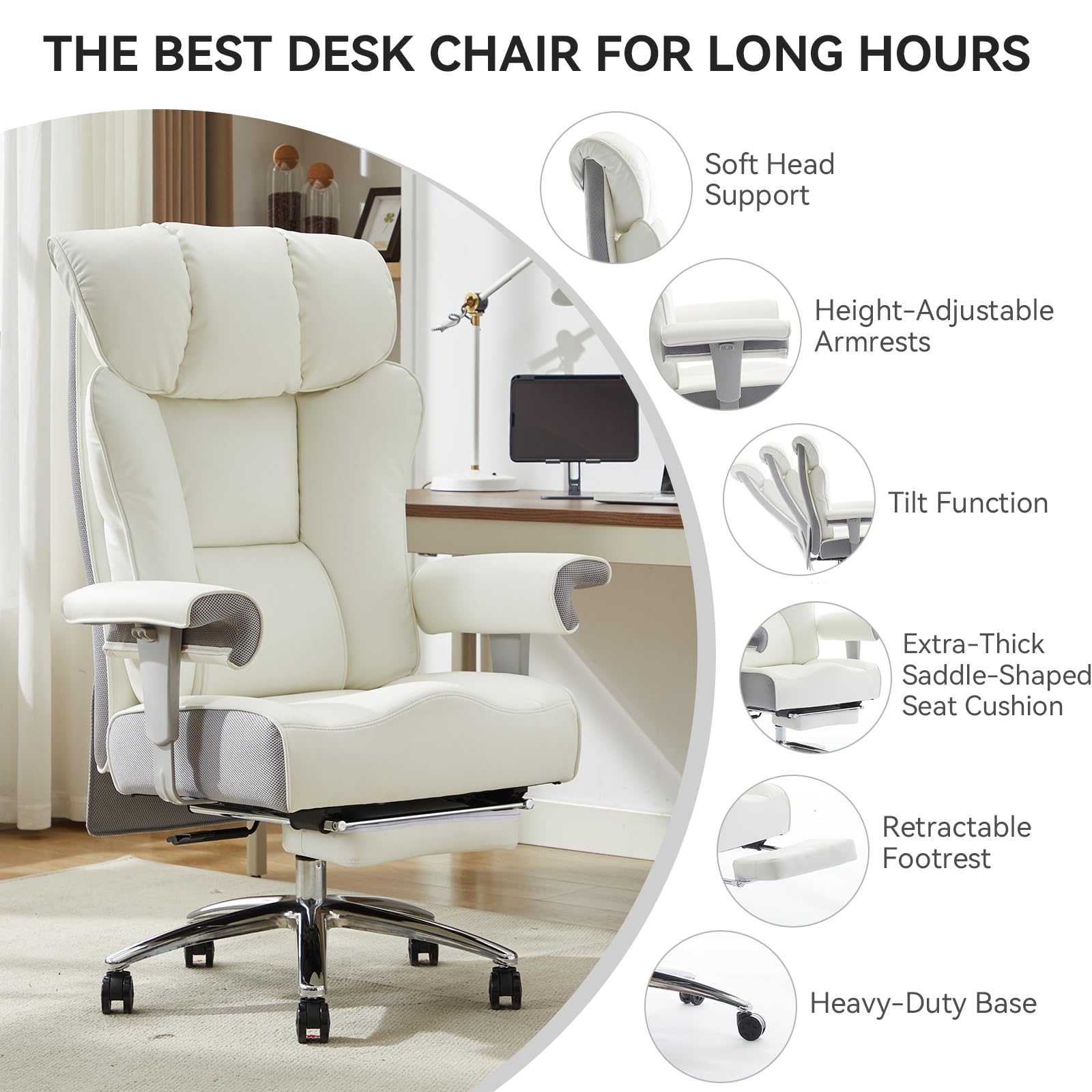 Big and Tall Executive Office Chair 400lbs - White Desk Chair for Women with Footrest, 24" Wide Ergonomic Pocket Spring Cushion Seat, Heavy Duty Computer Chair for Home Office, Gaming