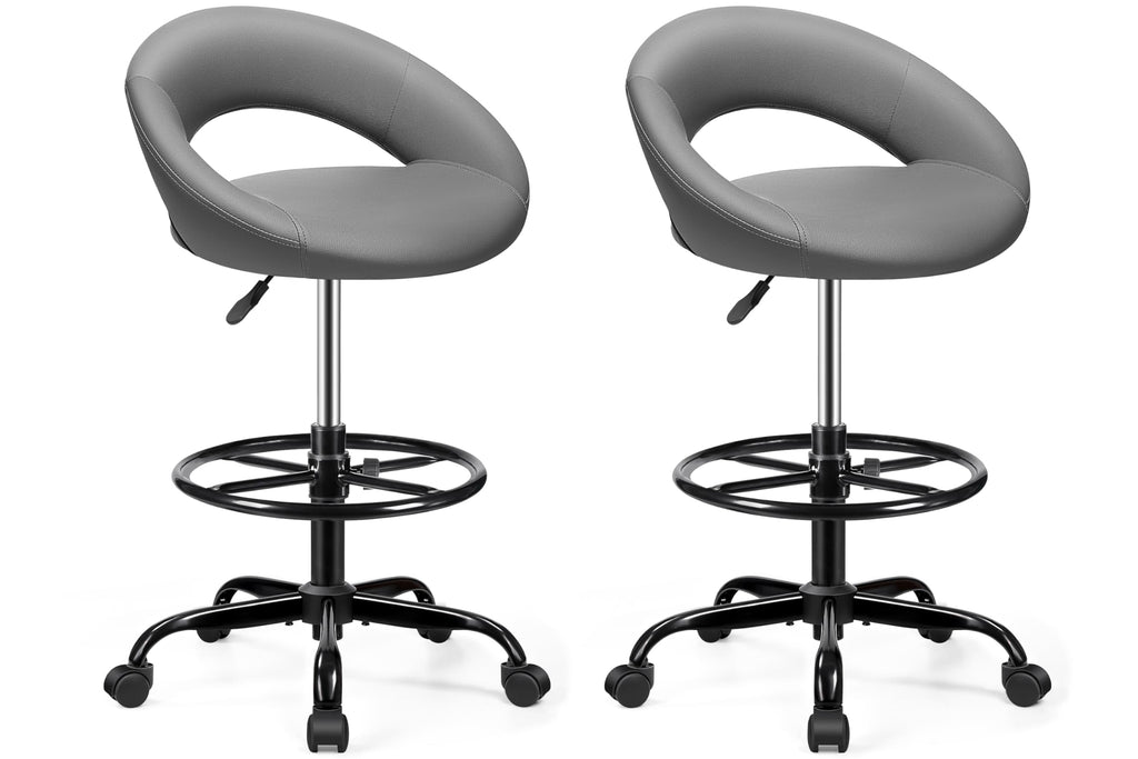 Gray 2 Pack, Drafting Chair with Back, Height Adjustable Rolling Stool with Foot Rest, Tall 360° Swivel Stool PU Leather Chair with Wheels for Home Office, Standing Desk