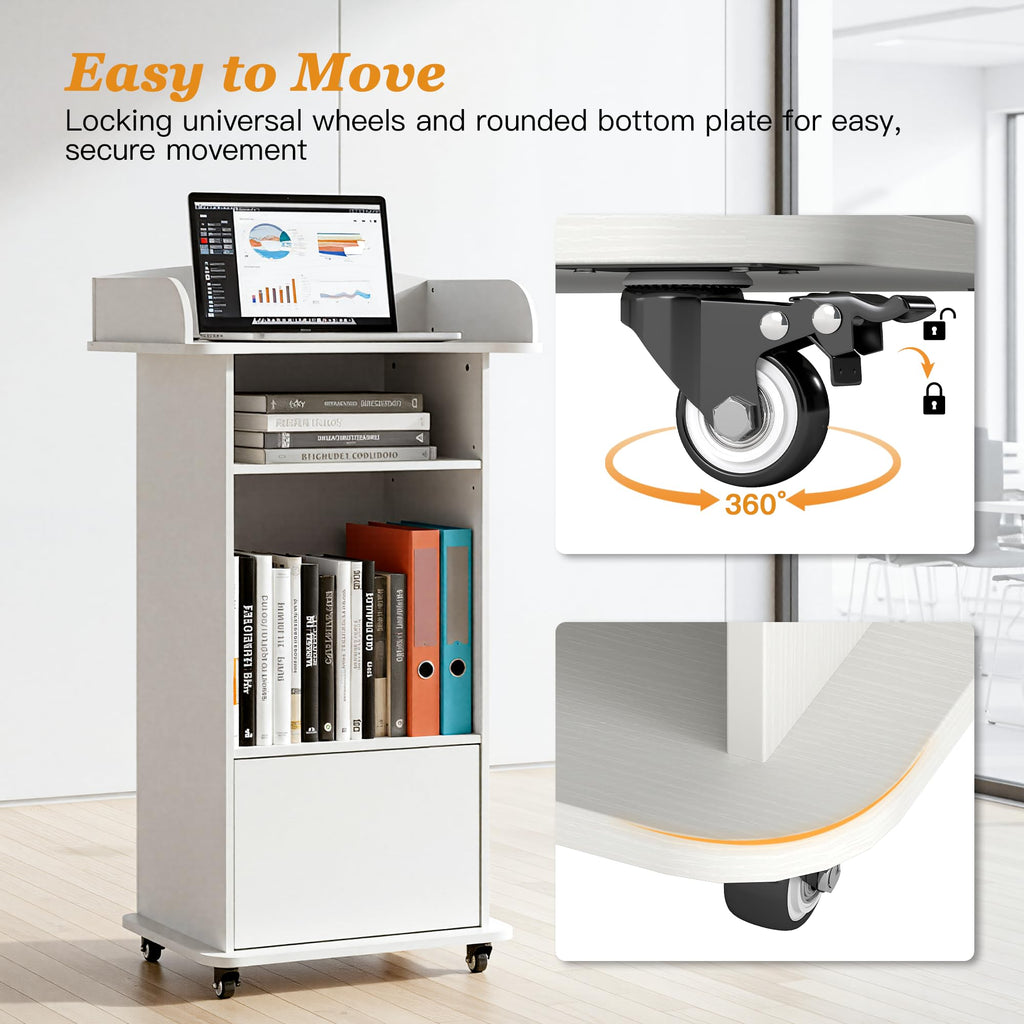 Podium Stand with Wheels (White（Metal Wheel）)
