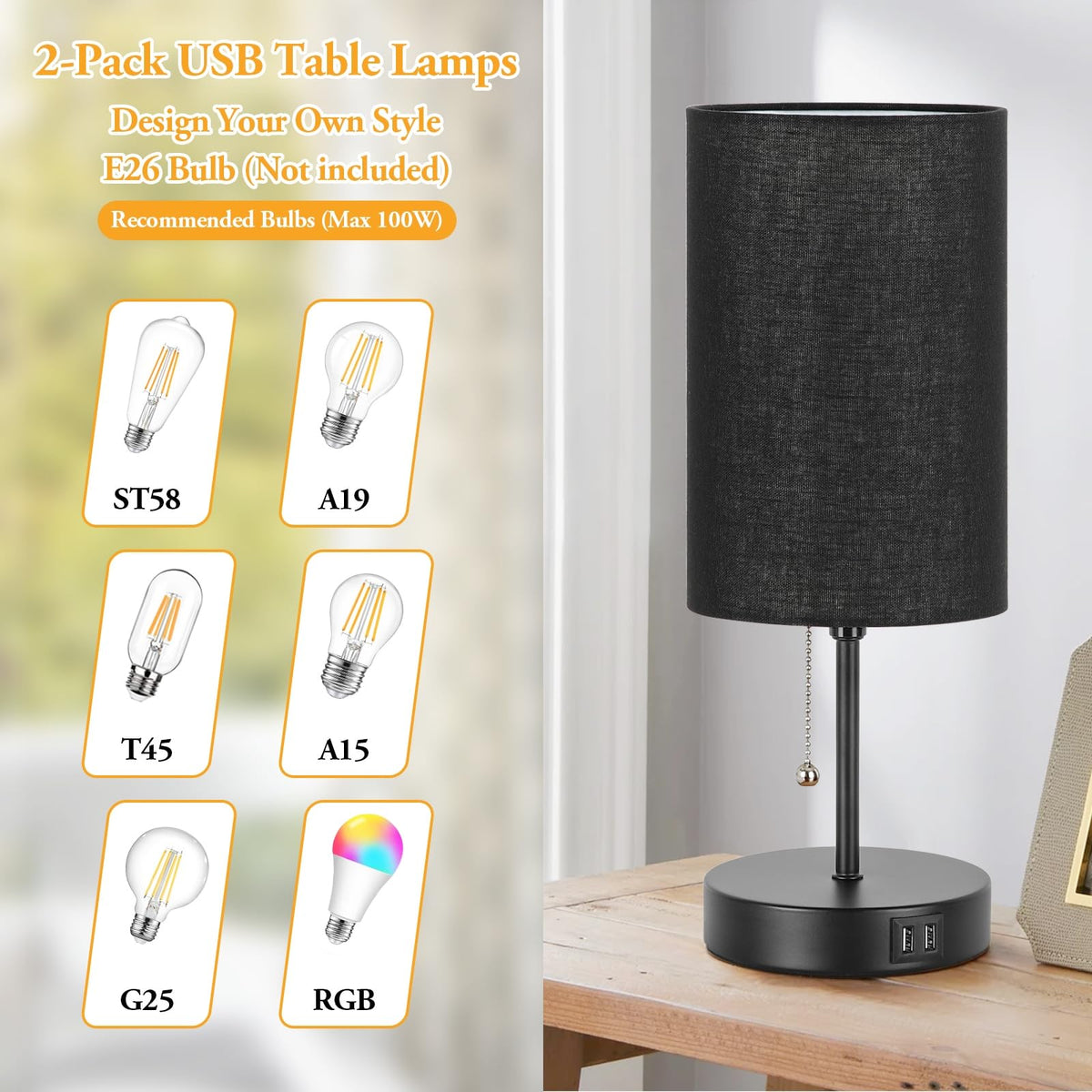 Set of 2 Table Lamps with 2 USB Ports, Bedside Lamps for Bedrooms, Modern Nightstand Lamps with Pull Chain, Minimalist Desk Lamps with Black Fabric Shade and Metal Base for Living Room Home Office