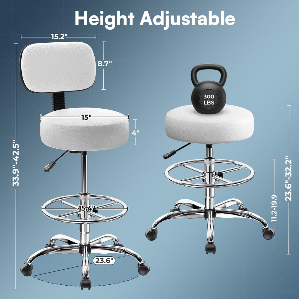 Drafting Chair with Back, Adjustable Foot Rest Rolling Stool, Multi-Purpose Office Desk Chair, Thick Seat Cushion for Home Bar Kitchen Shop - White