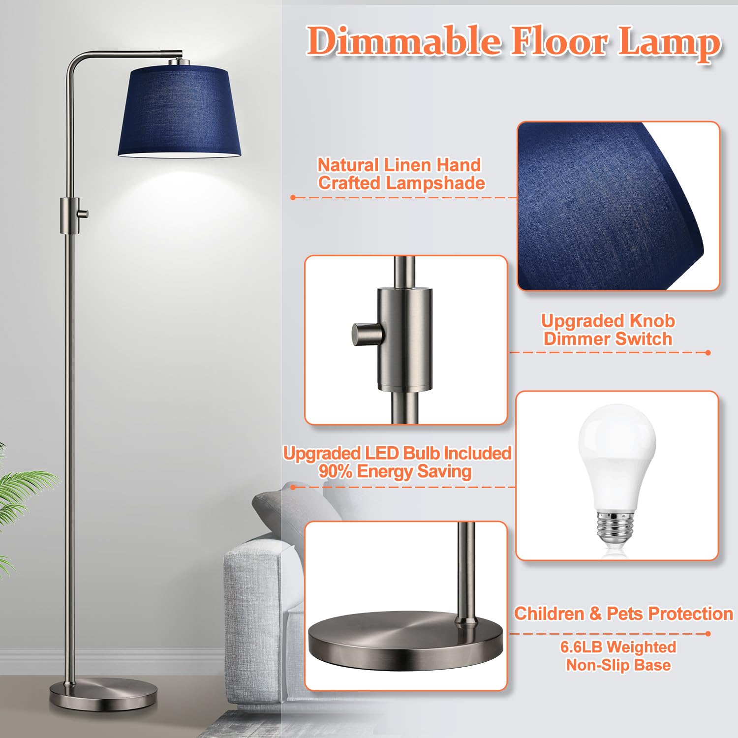 Floor Lamp, 1000 Lumens LED Edison Bulb Included, Brushed Nickel Arc Standing Tall Floor Lamp with Blue Shade for Living Room Bedroom Office Dining Room