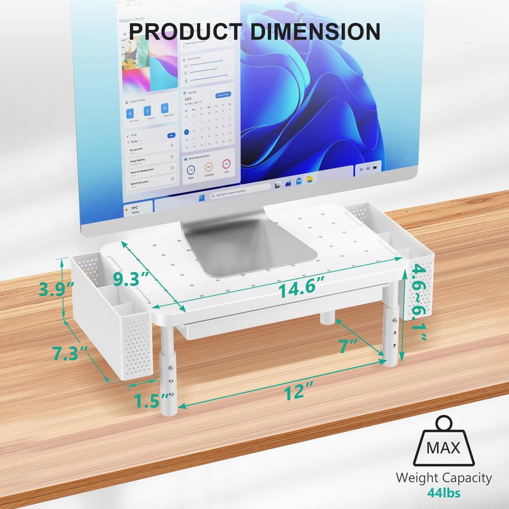 Computer Monitor Stand with Storage, Desk Organizer with Drawer and Pen Holder, Desk Monitor Riser 3 Height Adjustable, Laptop Riser for Computer, Laptop, Printer(PTT003-W), 1 Pack, White