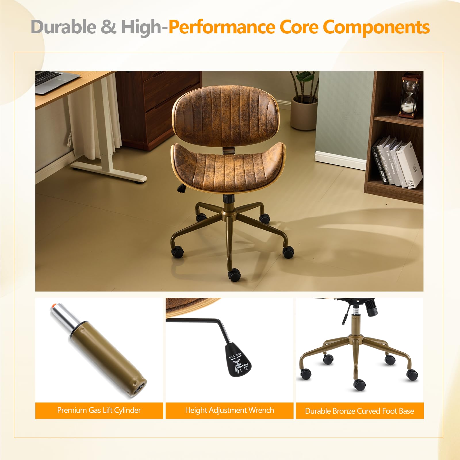 Wide Comfotable Swivel Home Office Chair with Wood-Grain Curved Shell,Ergomomic Mid-Back Padded Armless Modern Desk Chair with Wheels,Height Adjustable for Computer,Task,Work,Microfiber,Rustic