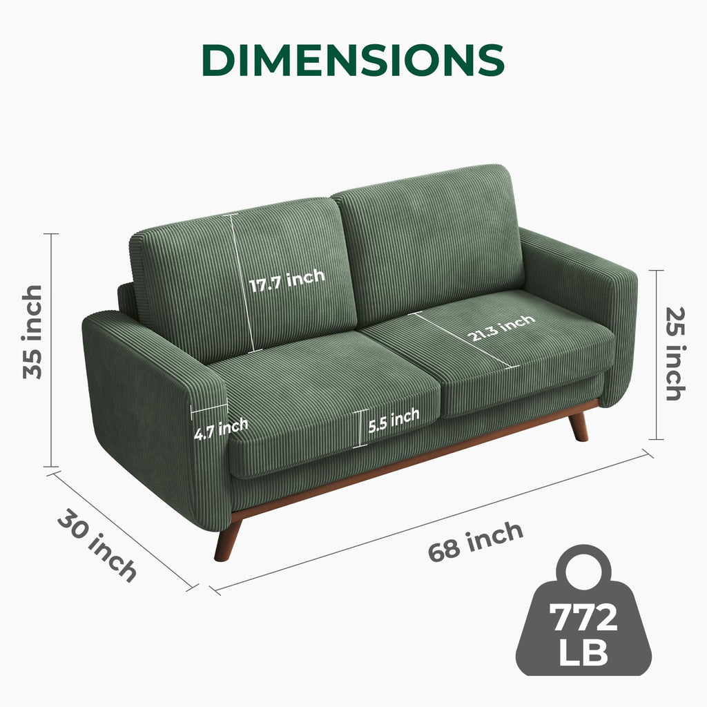 68" Comfy Green Corduroy Loveseat Sofa, 2 Seater Deep Seat Couch with Spring Cushion, Solid Wood Frame for Living Room, Bedroom, Office