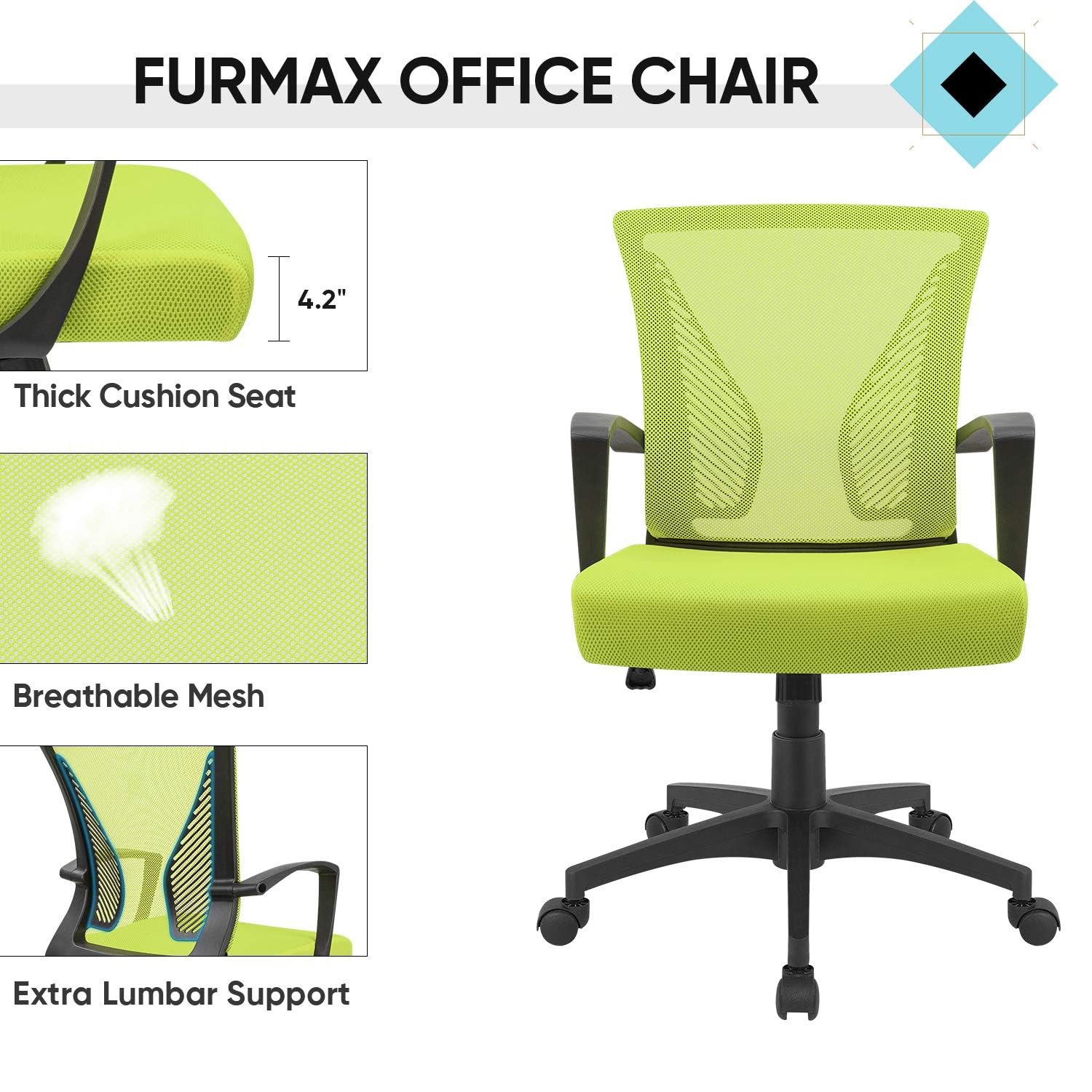 (2, Cyan) Office Chair Ergonomic Computer Desk Mesh Chair Mid Back Swivel Lumbar Support with Armrest