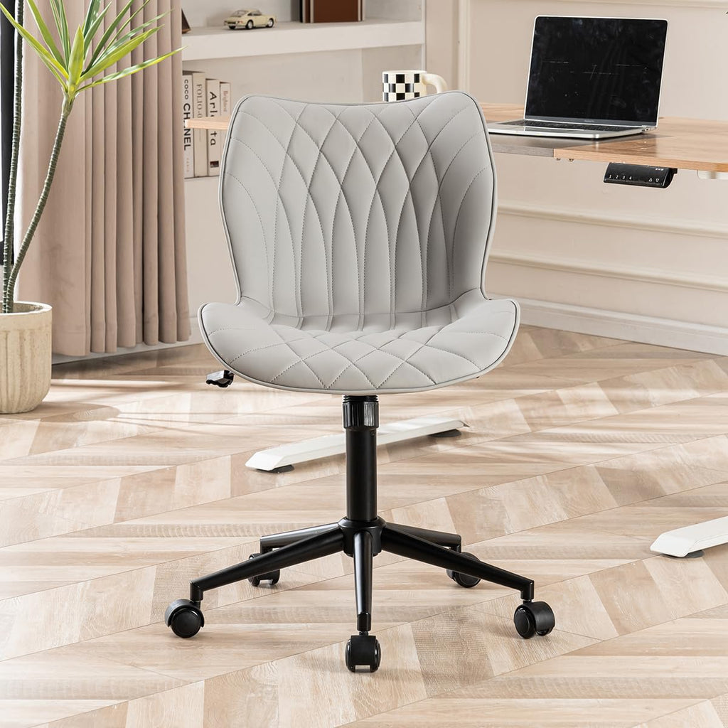 Armless Desk Chair Comfy Office Chair with Wheels Home Ergonomic Task Chair Adjustable Computer Chairs Modern Faux Leather Swivel Chair Upholstered Makeup Vanity Chair with Back(Gray)