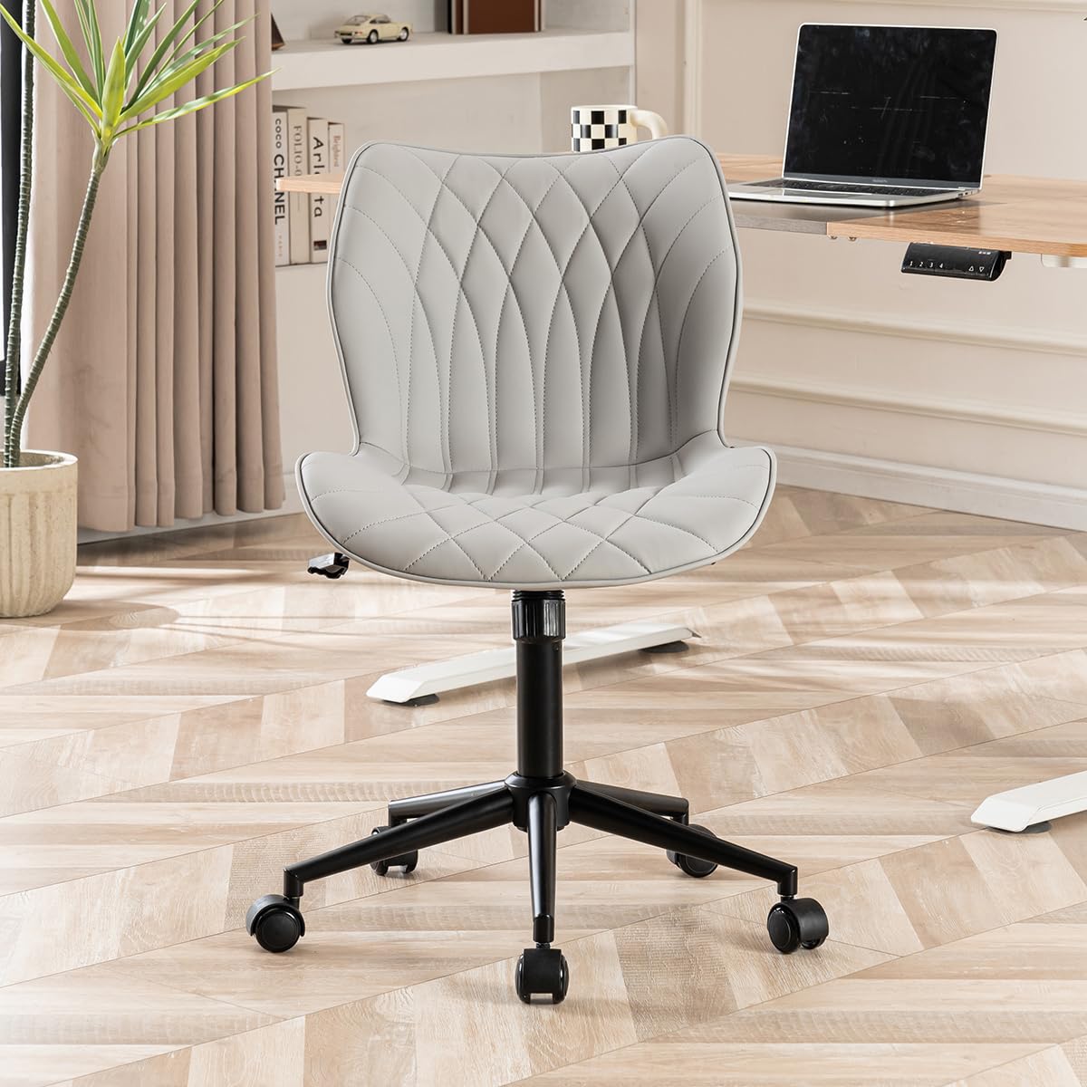 Armless Desk Chair Comfy Office Chair with Wheels Home Ergonomic Task Chair Adjustable Computer Chairs Modern Faux Leather Swivel Chair Upholstered Makeup Vanity Chair with Back(Gray)