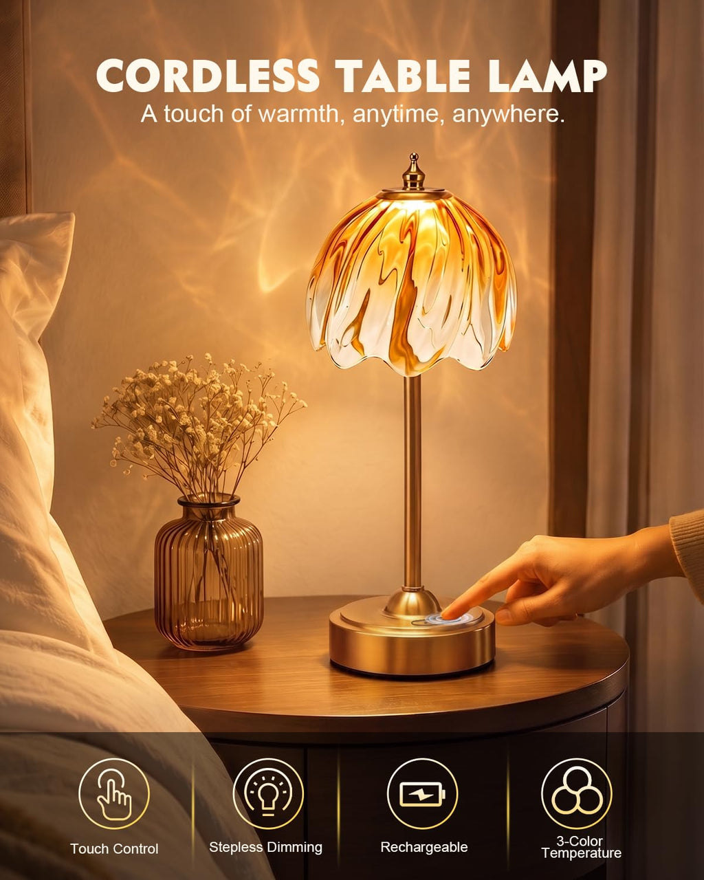 Cordless Flower Table Lamp, 5200mAh Small Rechargeable Touch Lamp