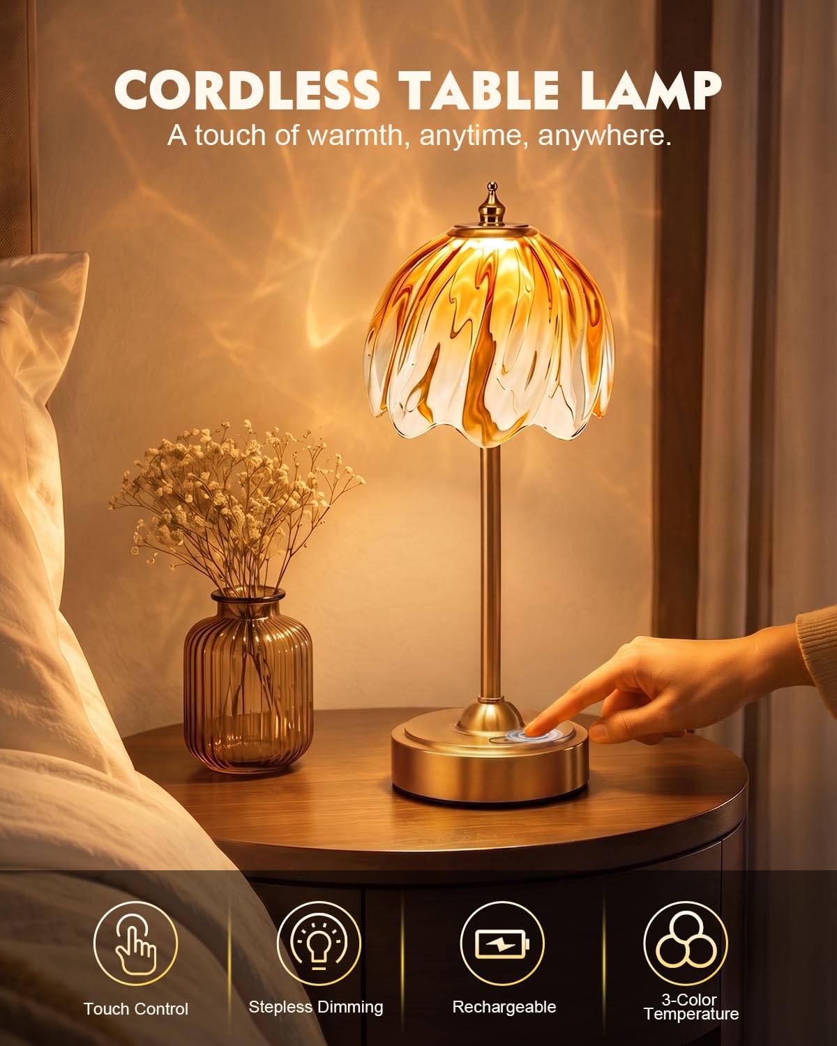 Cordless Flower Table Lamp, 5200mAh Small Rechargeable Touch Lamp