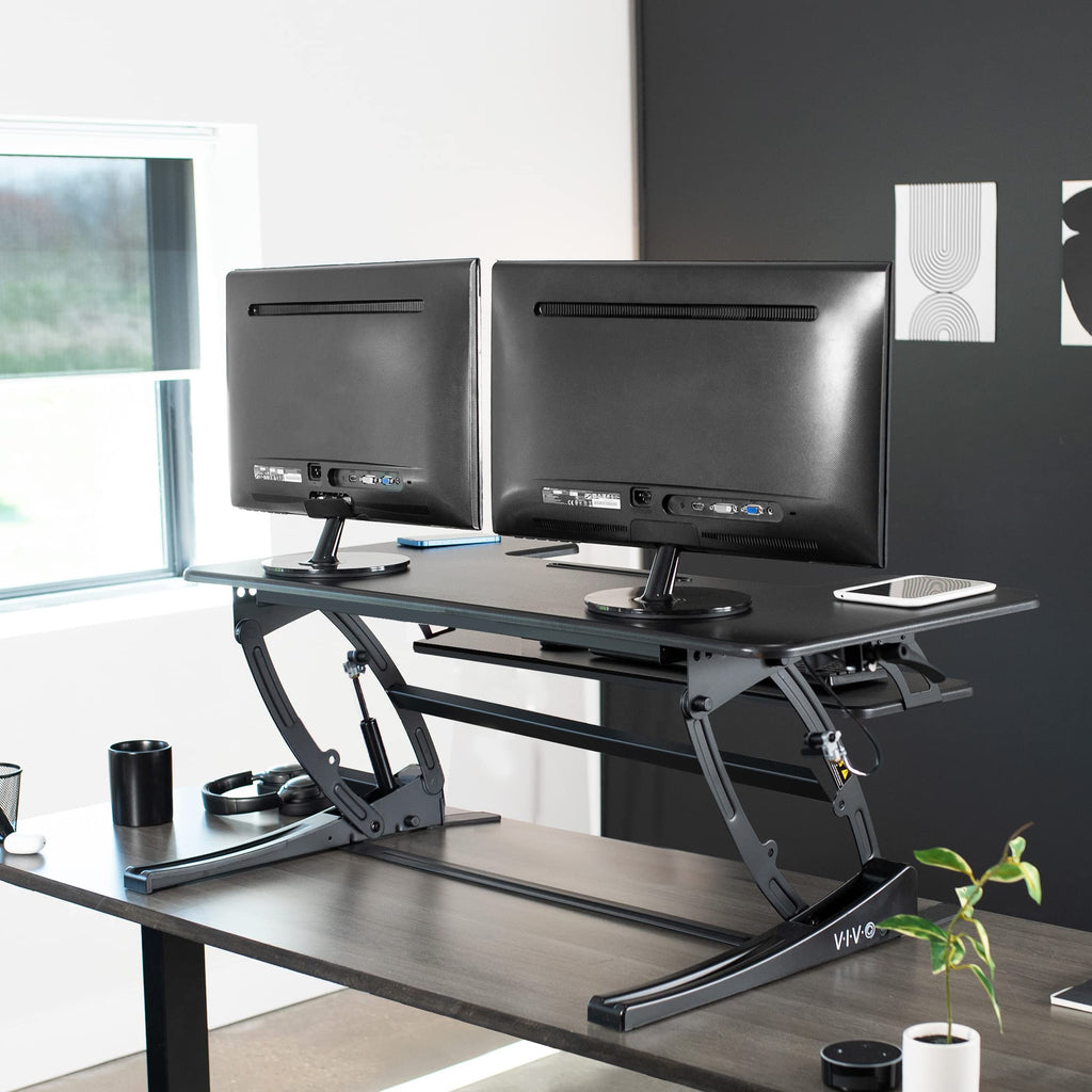 42 inch Height Adjustable Stand Up Desk Converter, V Series, Quick Sit to Stand Tabletop Dual Monitor Riser Workstation, Black