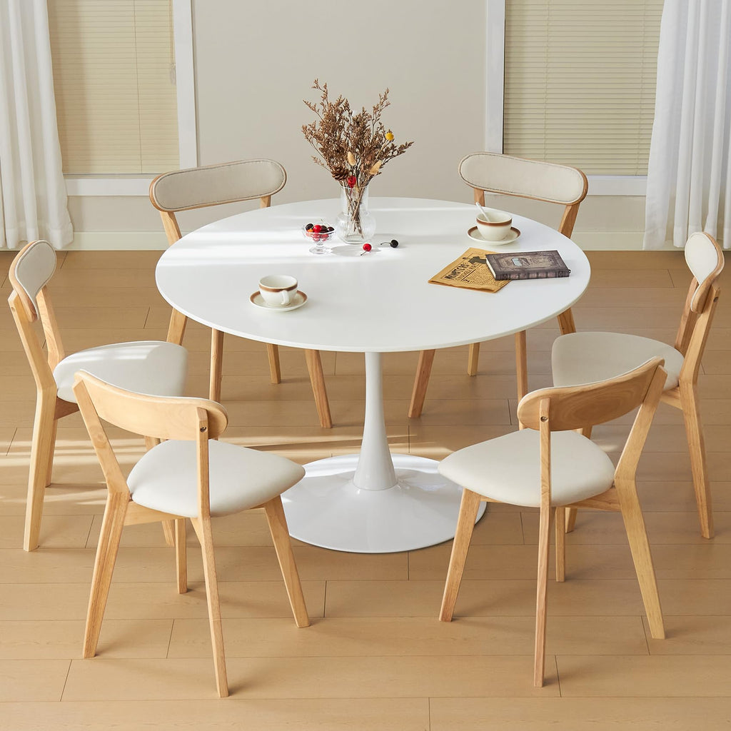 Hansweld 43.5" Tulip Table, Round Dining Table with Thickened Tabletop & Metal Pedestal, Mid Century Modern Bistro Circle Table for Kitchen, Small Places, Living Room, Cafe (White)